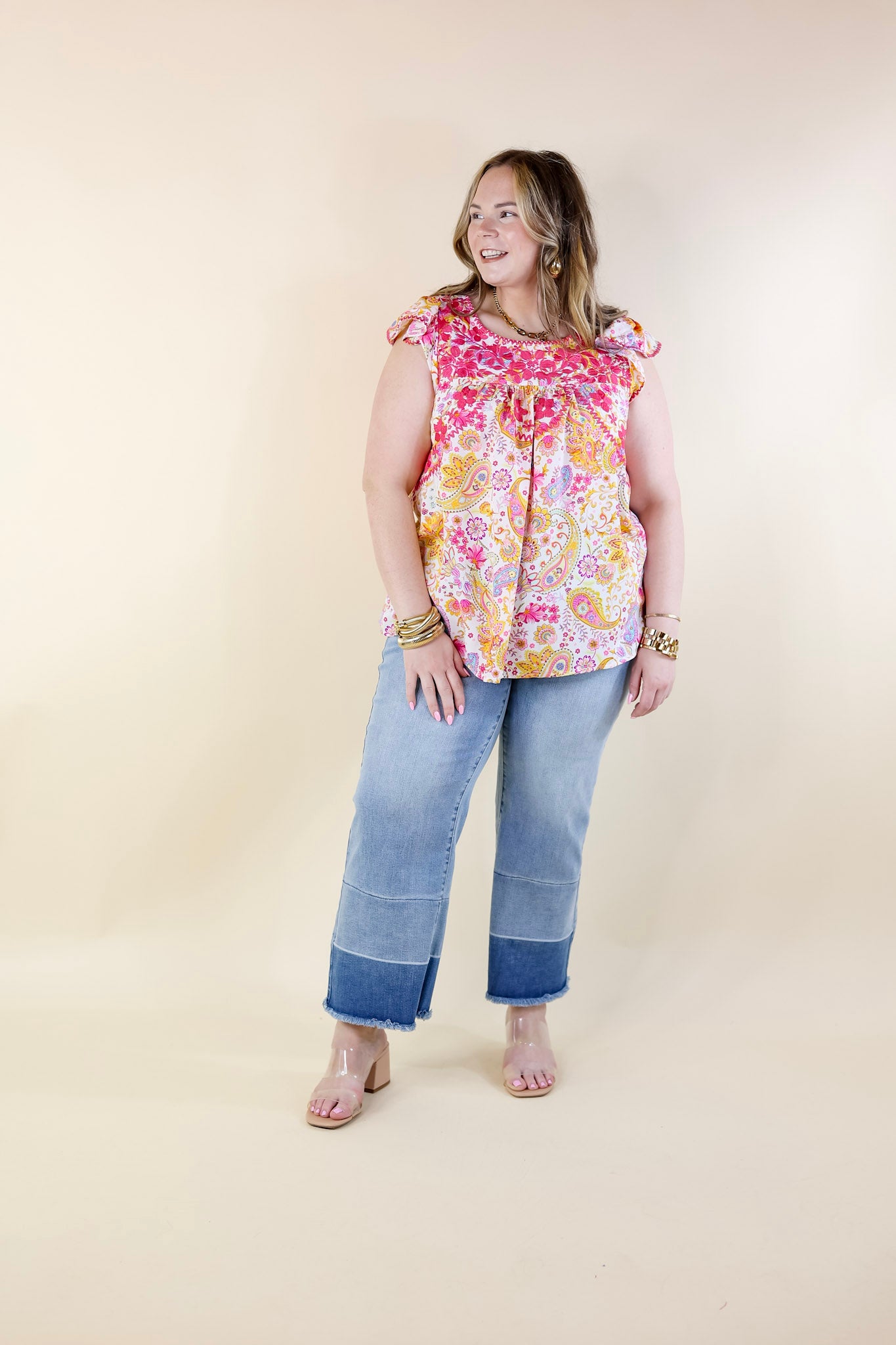 Serene Splendor Paisley Print Top with Pink Floral Embroidery in White - Giddy Up Glamour Boutique
