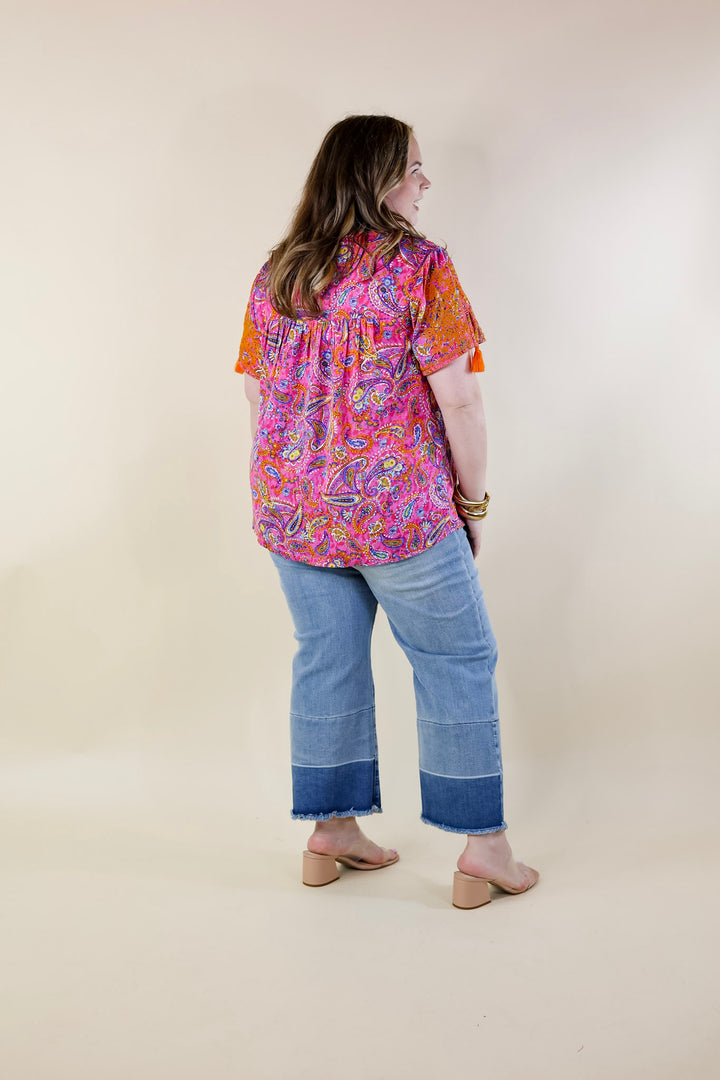 Sweet And Charming Paisley Print Top with Orange Floral Embroidery in Pink - Giddy Up Glamour Boutique