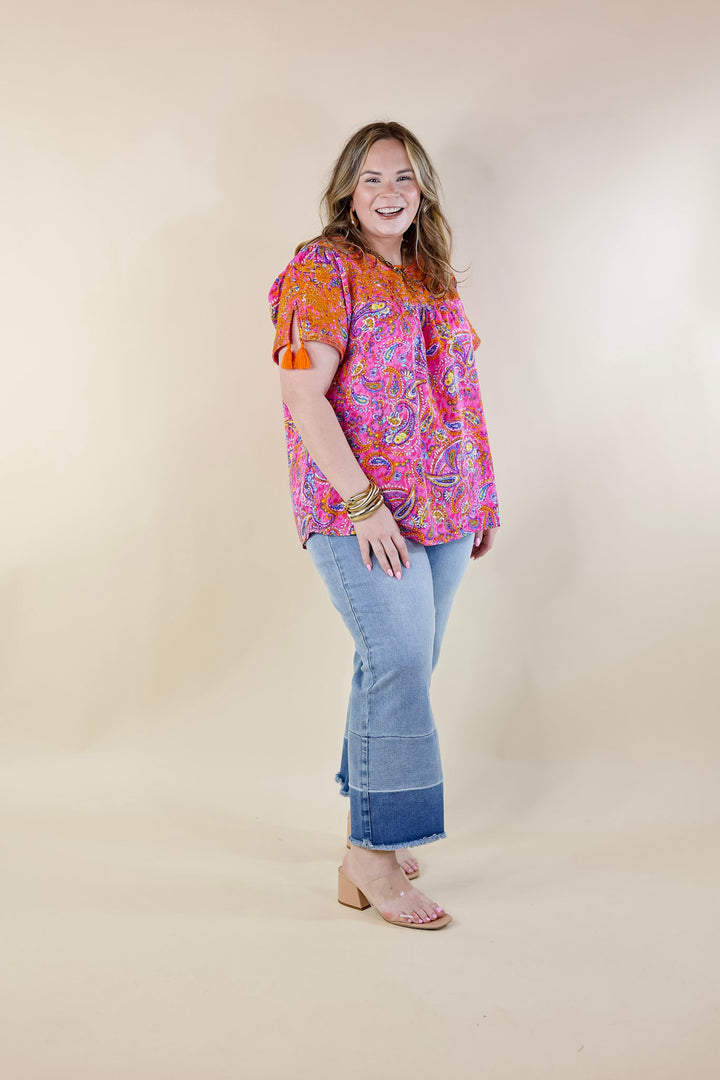 Sweet And Charming Paisley Print Top with Orange Floral Embroidery in Pink - Giddy Up Glamour Boutique