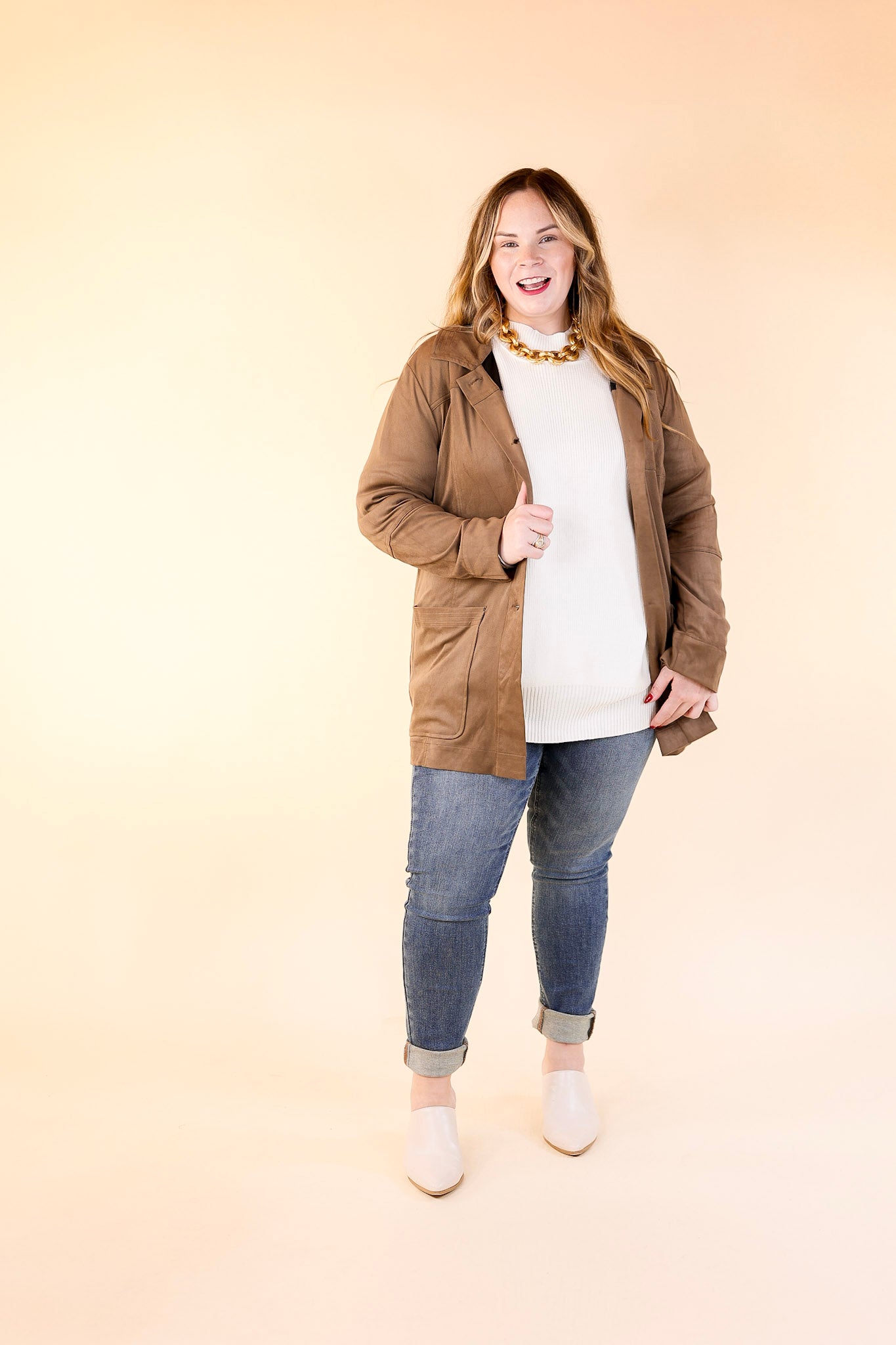 Lyssé | Abigail Suede Button Up Jacket in Chestnut Brown