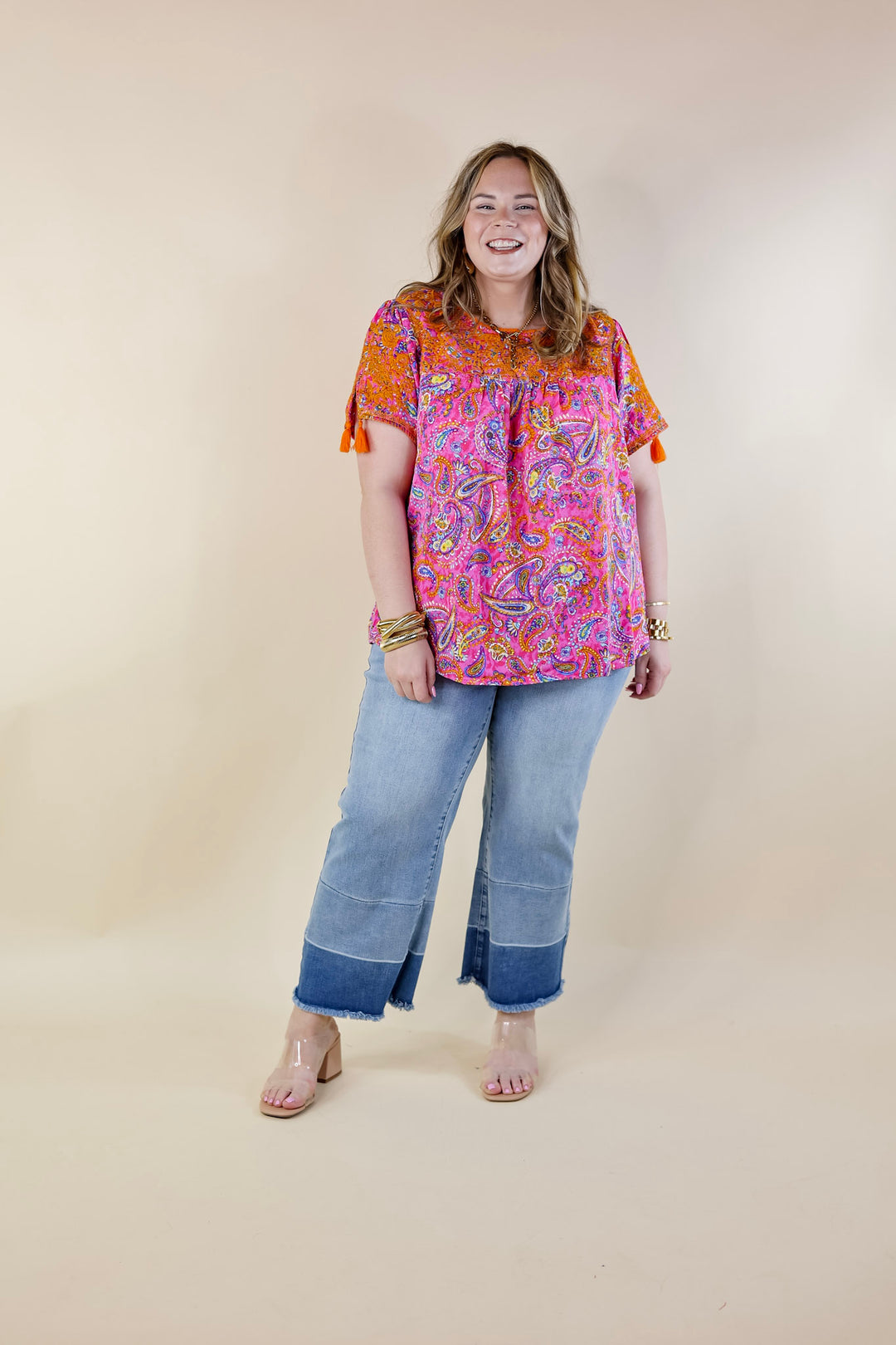 Sweet And Charming Paisley Print Top with Orange Floral Embroidery in Pink - Giddy Up Glamour Boutique