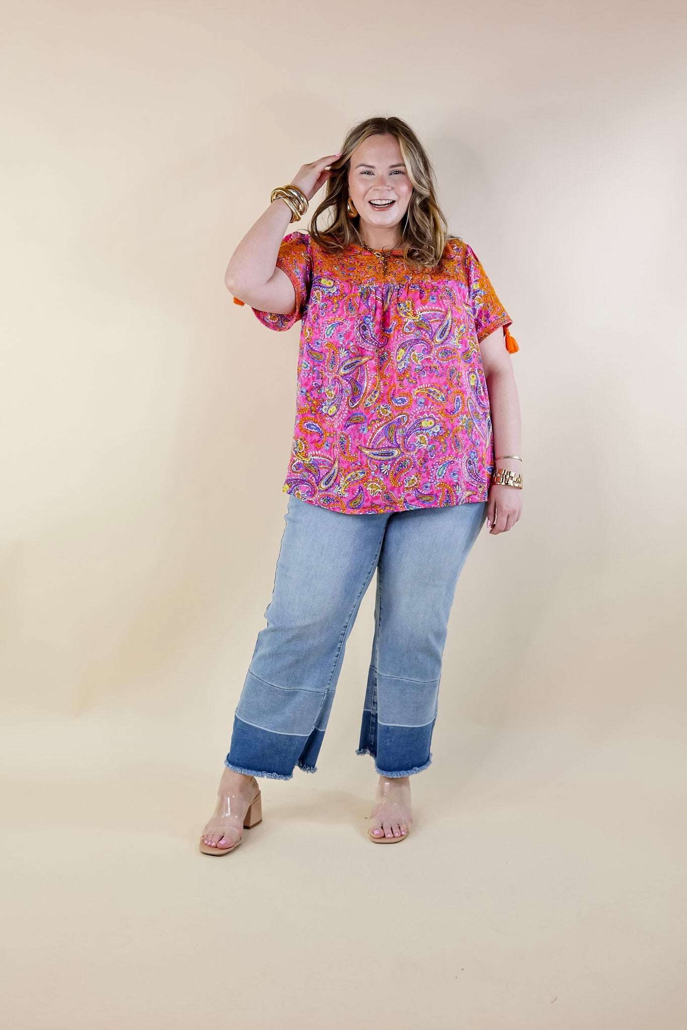 Sweet And Charming Paisley Print Top with Orange Floral Embroidery in Pink - Giddy Up Glamour Boutique