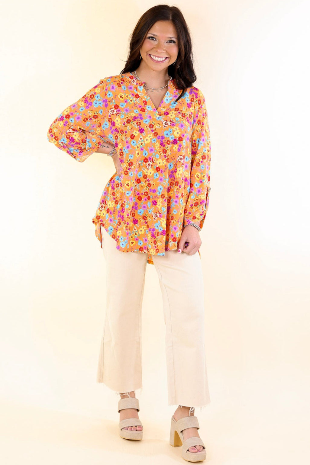 Urban Elegance Floral Print 3/4 Sleeve Tunic Top in Orange