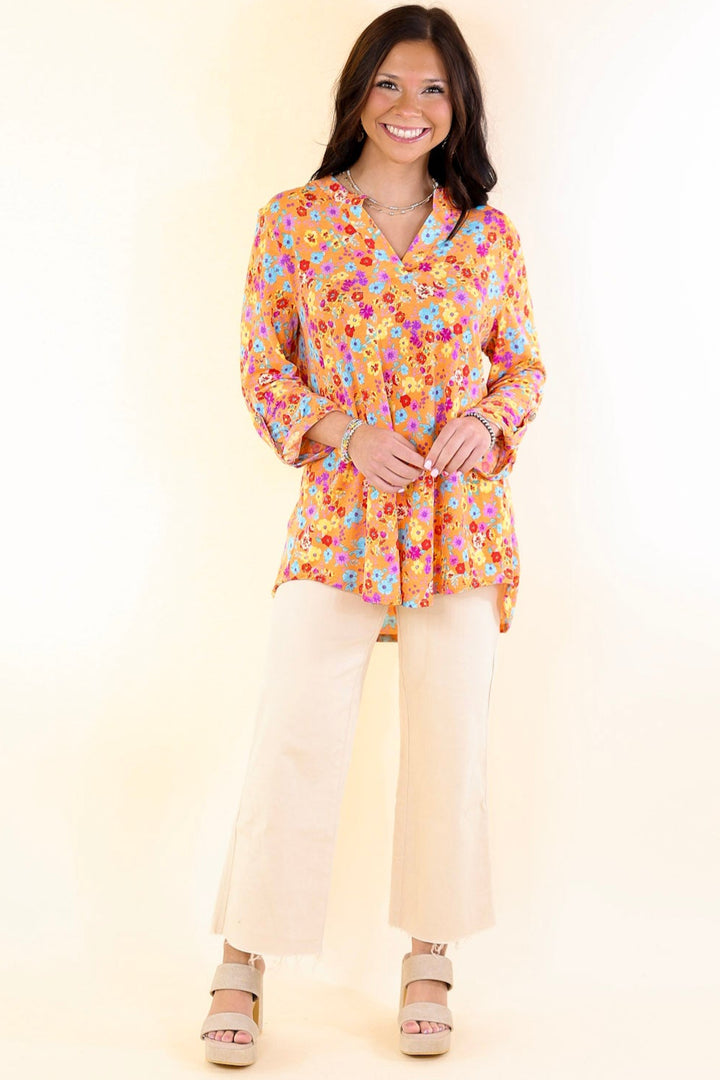 Urban Elegance Floral Print 3/4 Sleeve Tunic Top in Orange