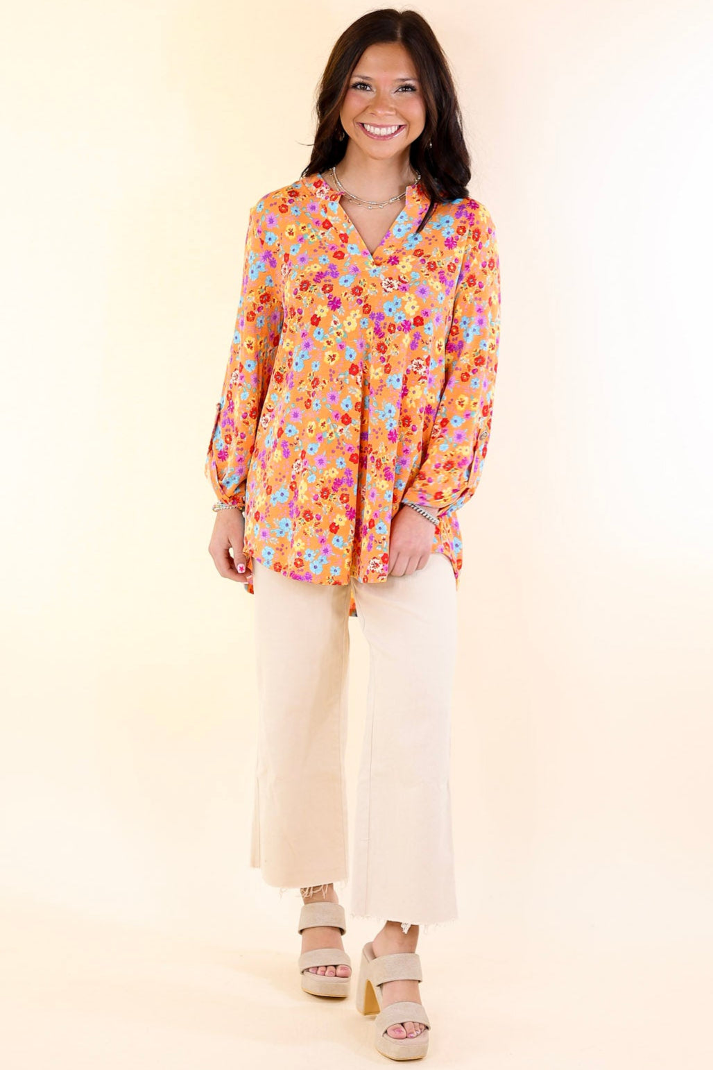 Urban Elegance Floral Print 3/4 Sleeve Tunic Top in Orange