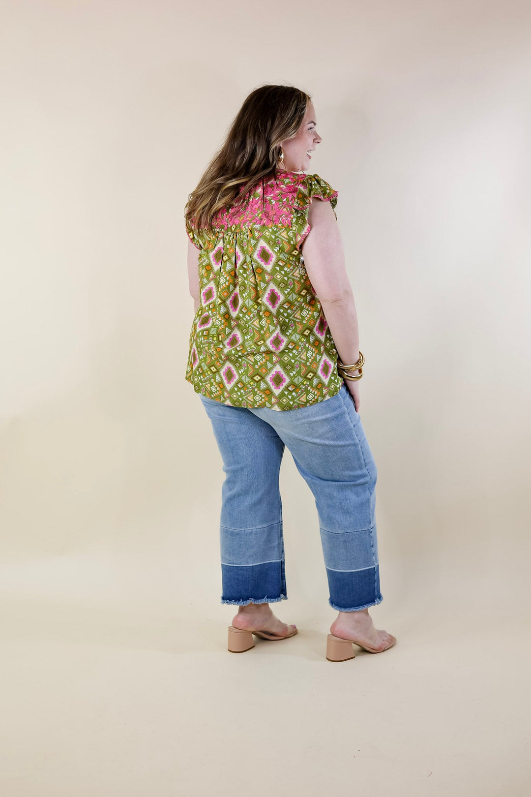 Serene Splendor Aztec Print Top with Pink Floral Embroidery in Green - Giddy Up Glamour Boutique