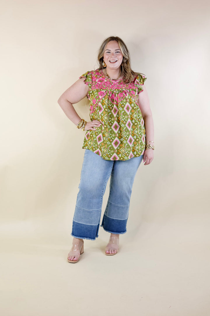 Serene Splendor Aztec Print Top with Pink Floral Embroidery in Green - Giddy Up Glamour Boutique