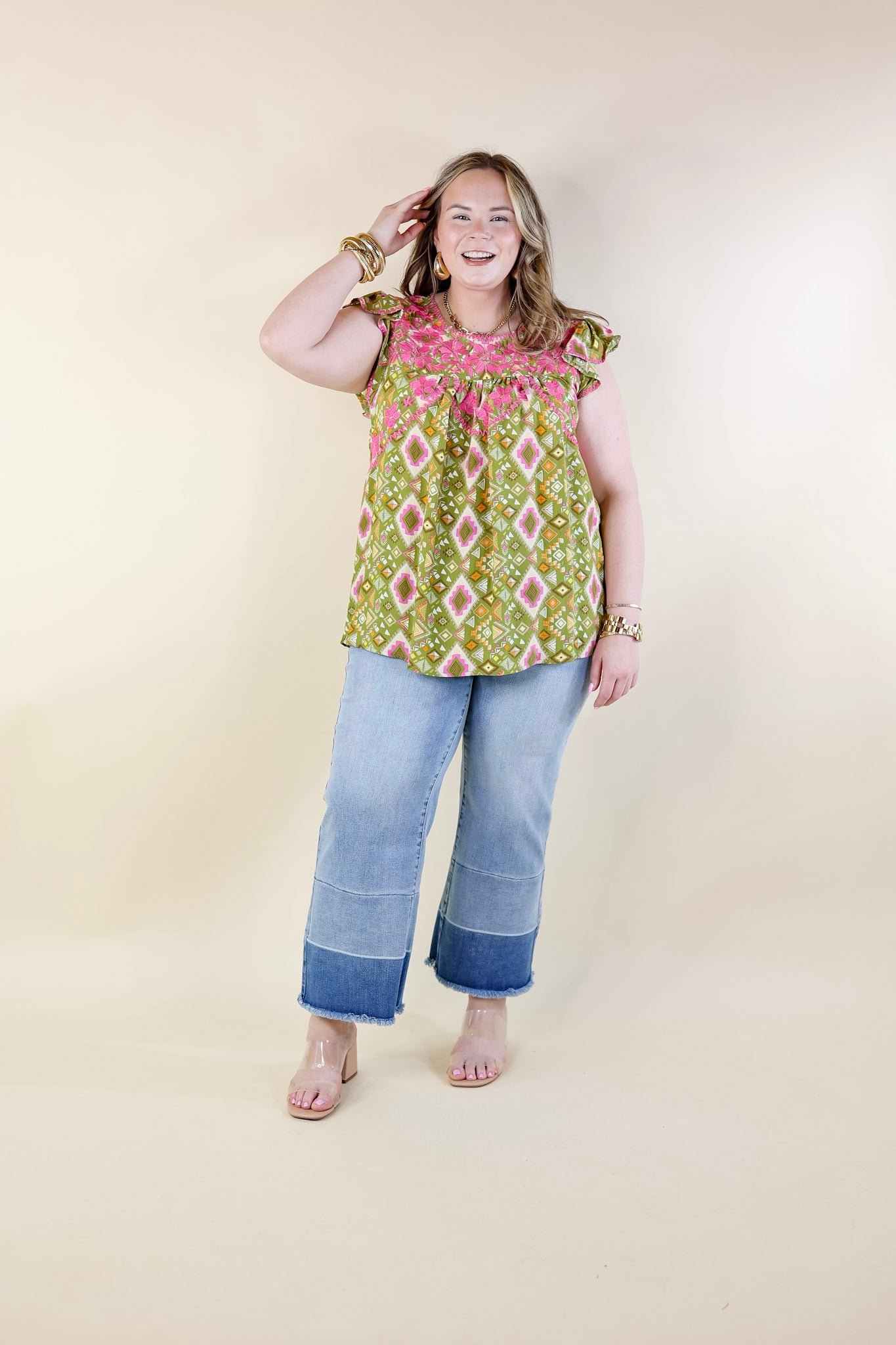 Serene Splendor Aztec Print Top with Pink Floral Embroidery in Green - Giddy Up Glamour Boutique