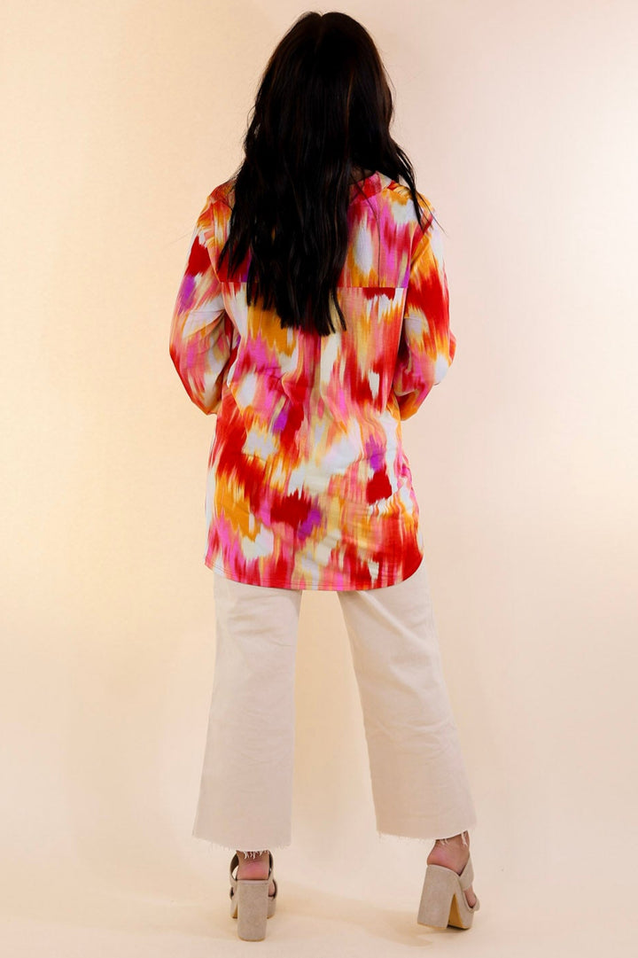 Urban Elegance Watercolor 3/4 Sleeve Tunic Top in Red Mix