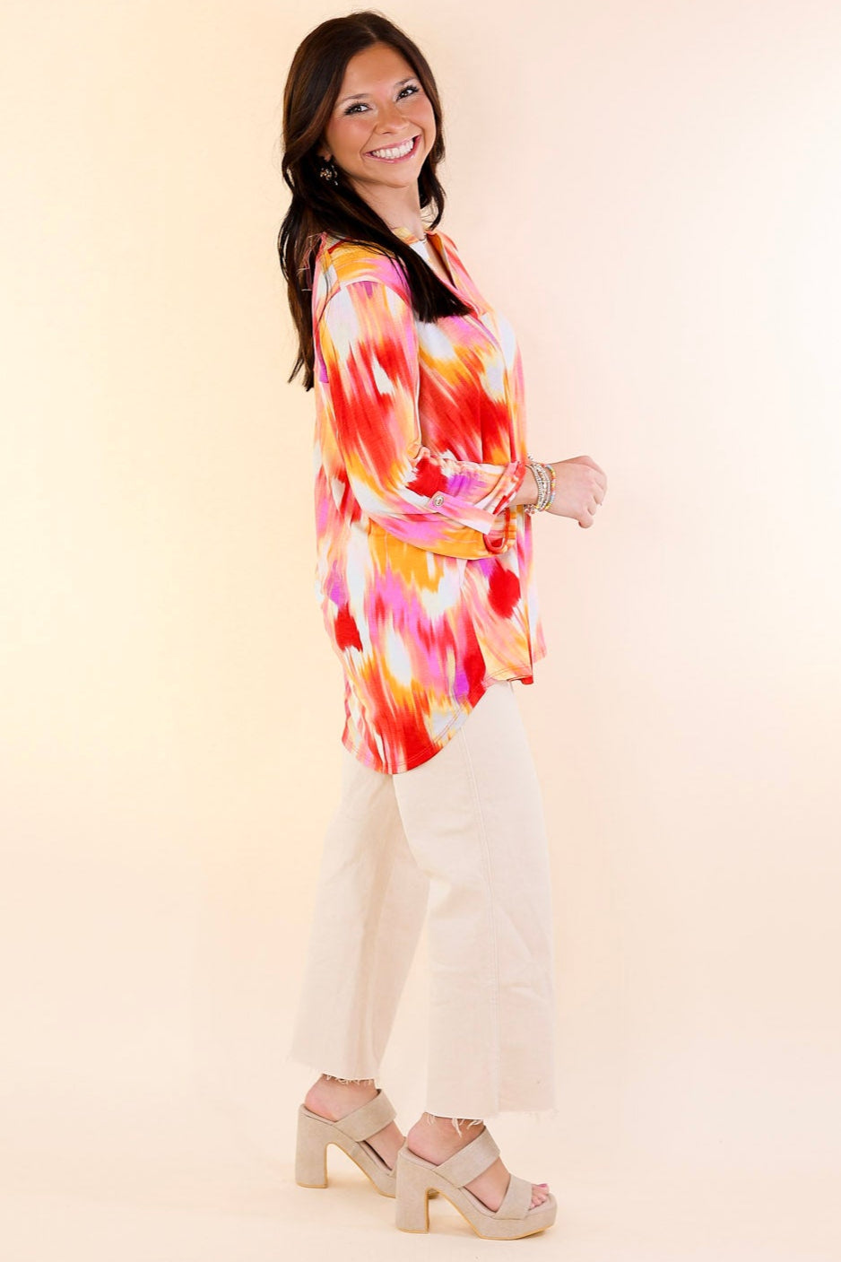 Urban Elegance Watercolor 3/4 Sleeve Tunic Top in Red Mix