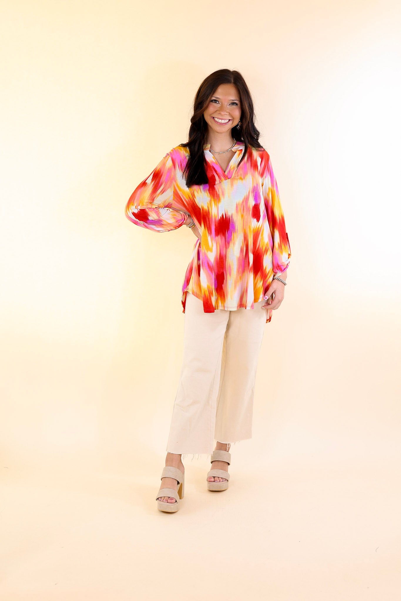 Urban Elegance Watercolor 3/4 Sleeve Tunic Top in Red Mix