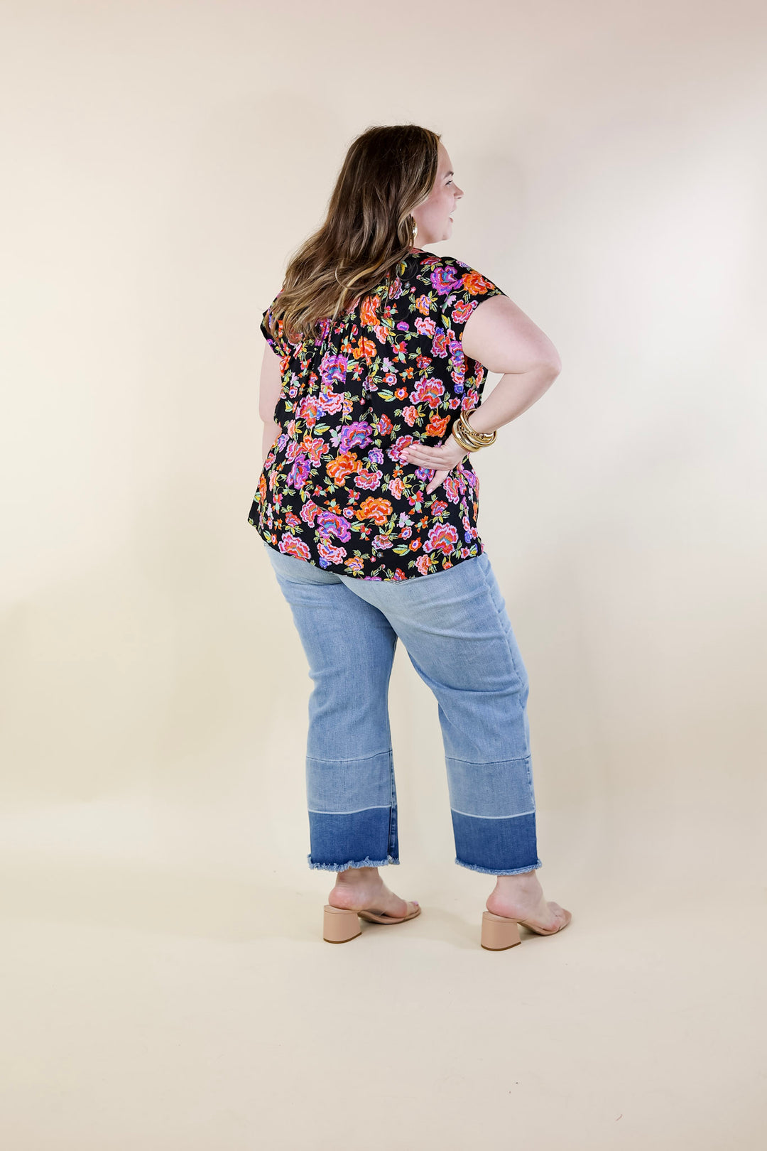 Whimsical Wonder Floral Print Top with Notched Neckline and Drop Sleeves in Black - Giddy Up Glamour Boutique