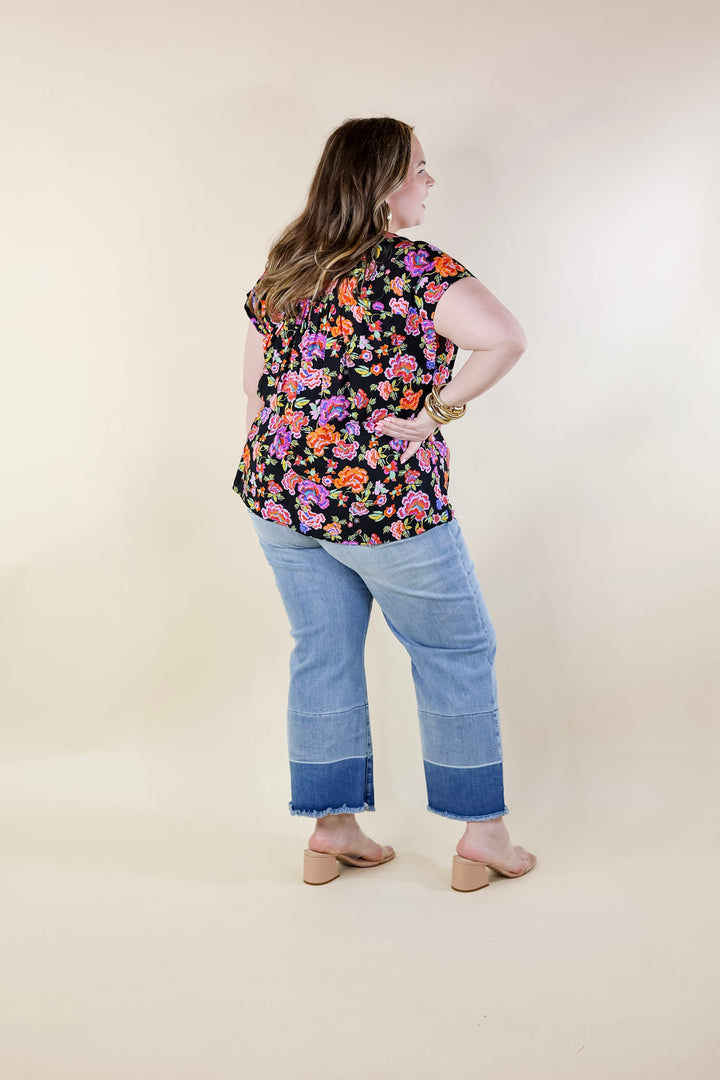 Whimsical Wonder Floral Print Top with Notched Neckline and Drop Sleeves in Black - Giddy Up Glamour Boutique
