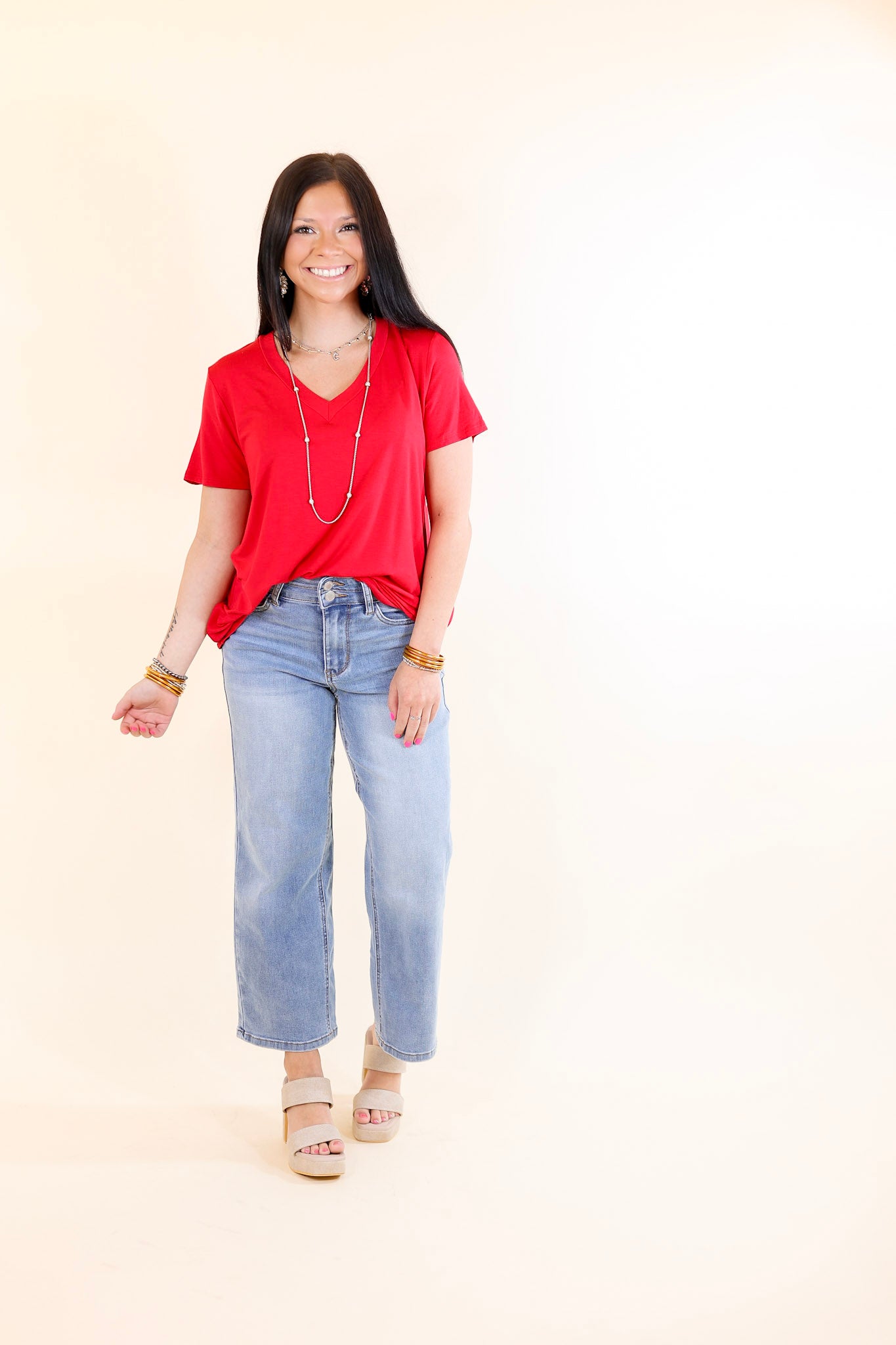 It's That Simple Solid V Neck Tee in Red