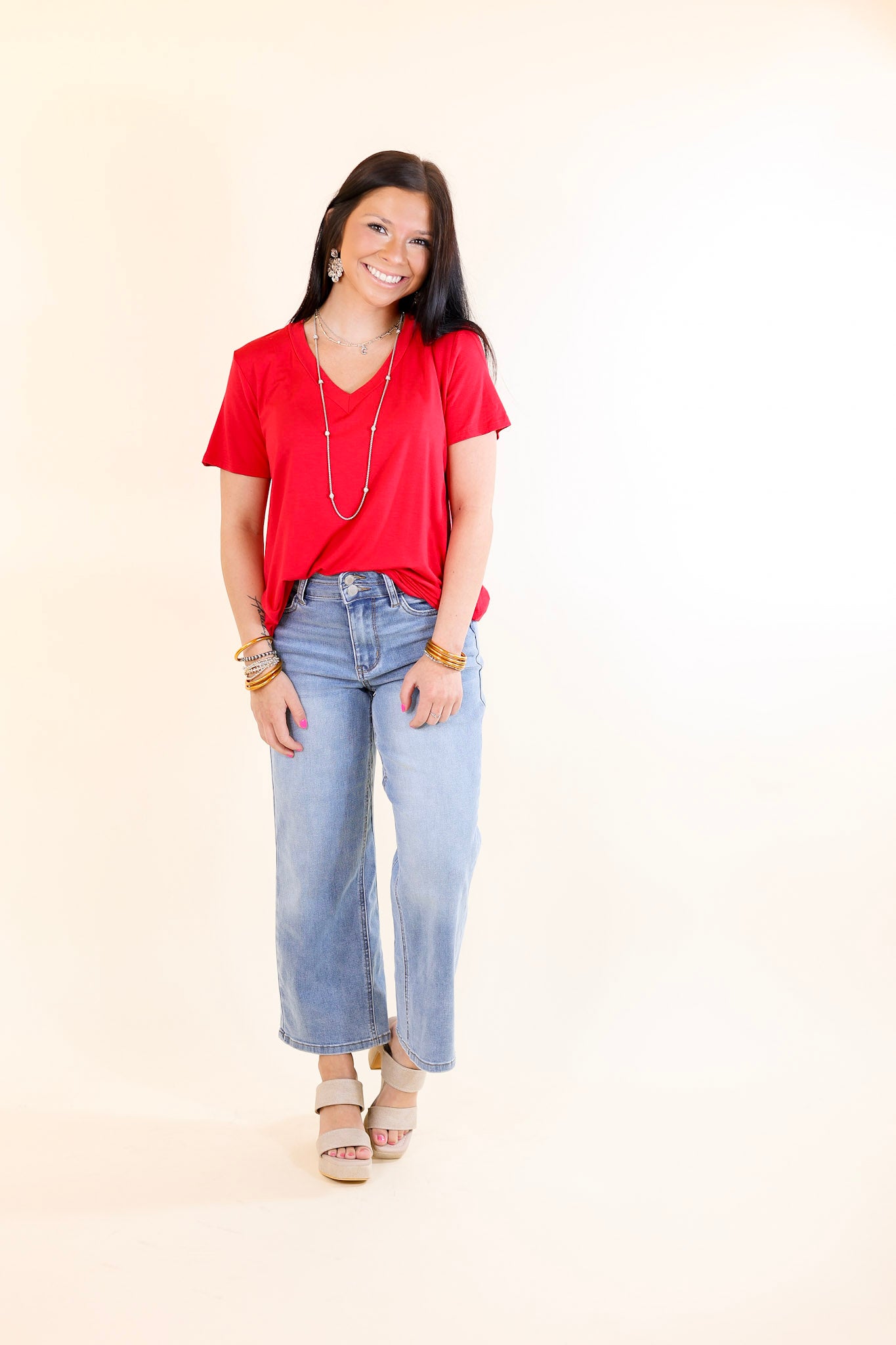 It's That Simple Solid V Neck Tee in Red