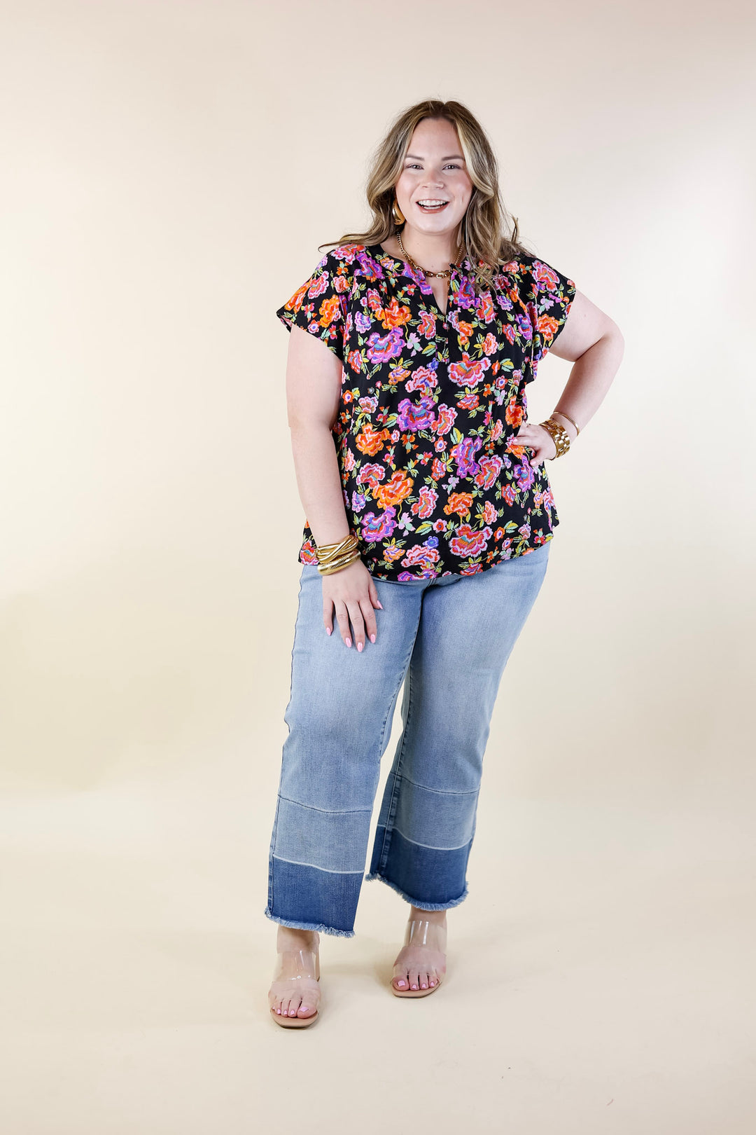 Whimsical Wonder Floral Print Top with Notched Neckline and Drop Sleeves in Black - Giddy Up Glamour Boutique