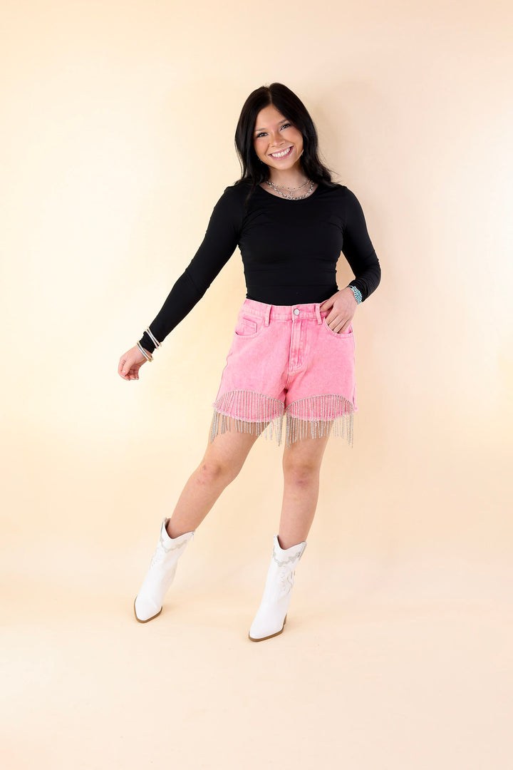 Saddle Up Crystal Fringe Distressed Denim Shorts in Pink - Giddy Up Glamour Boutique