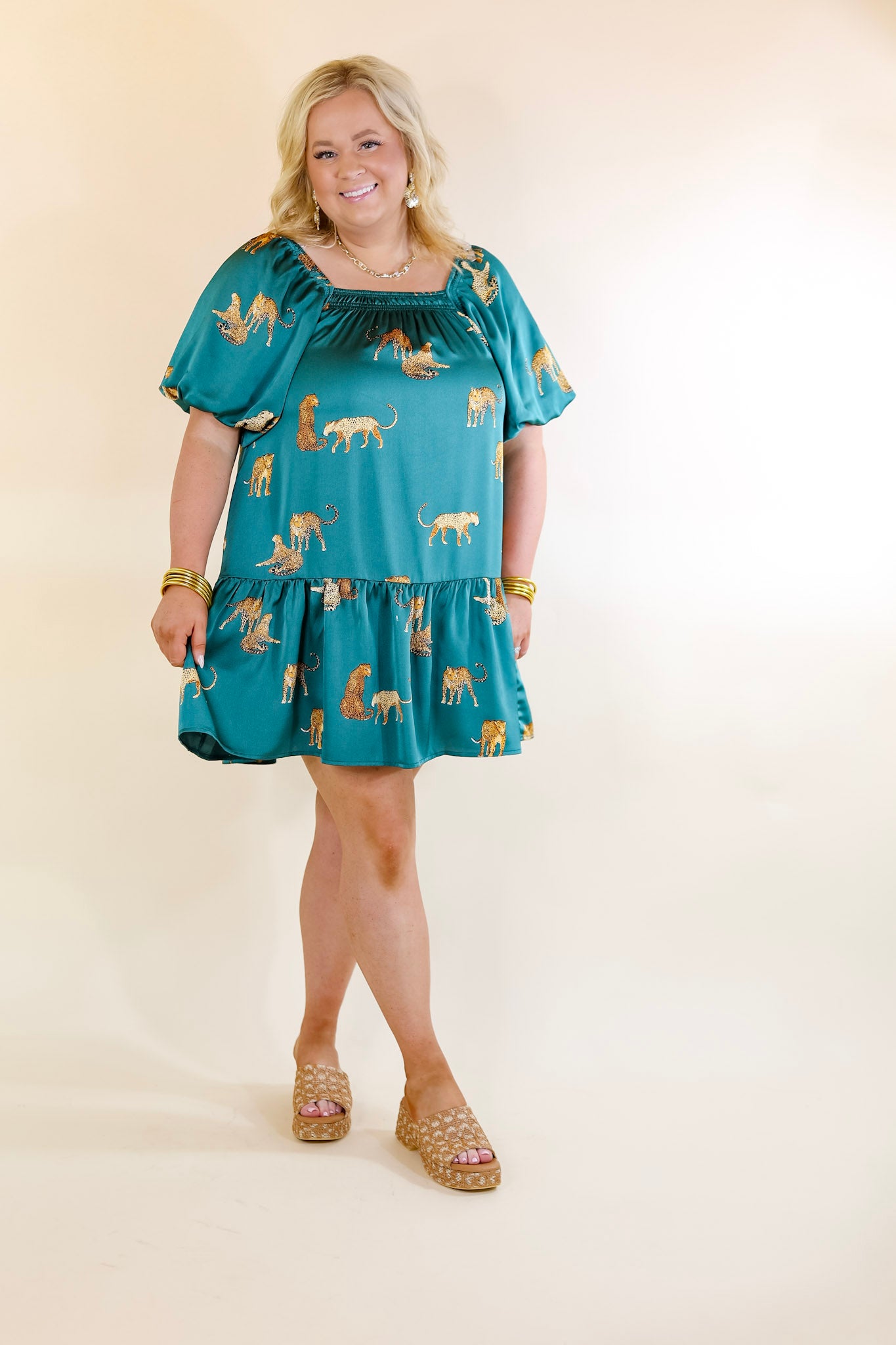 Flirting For Fun Leopard Print Satin Midi Dress in Hunter Teal Blue