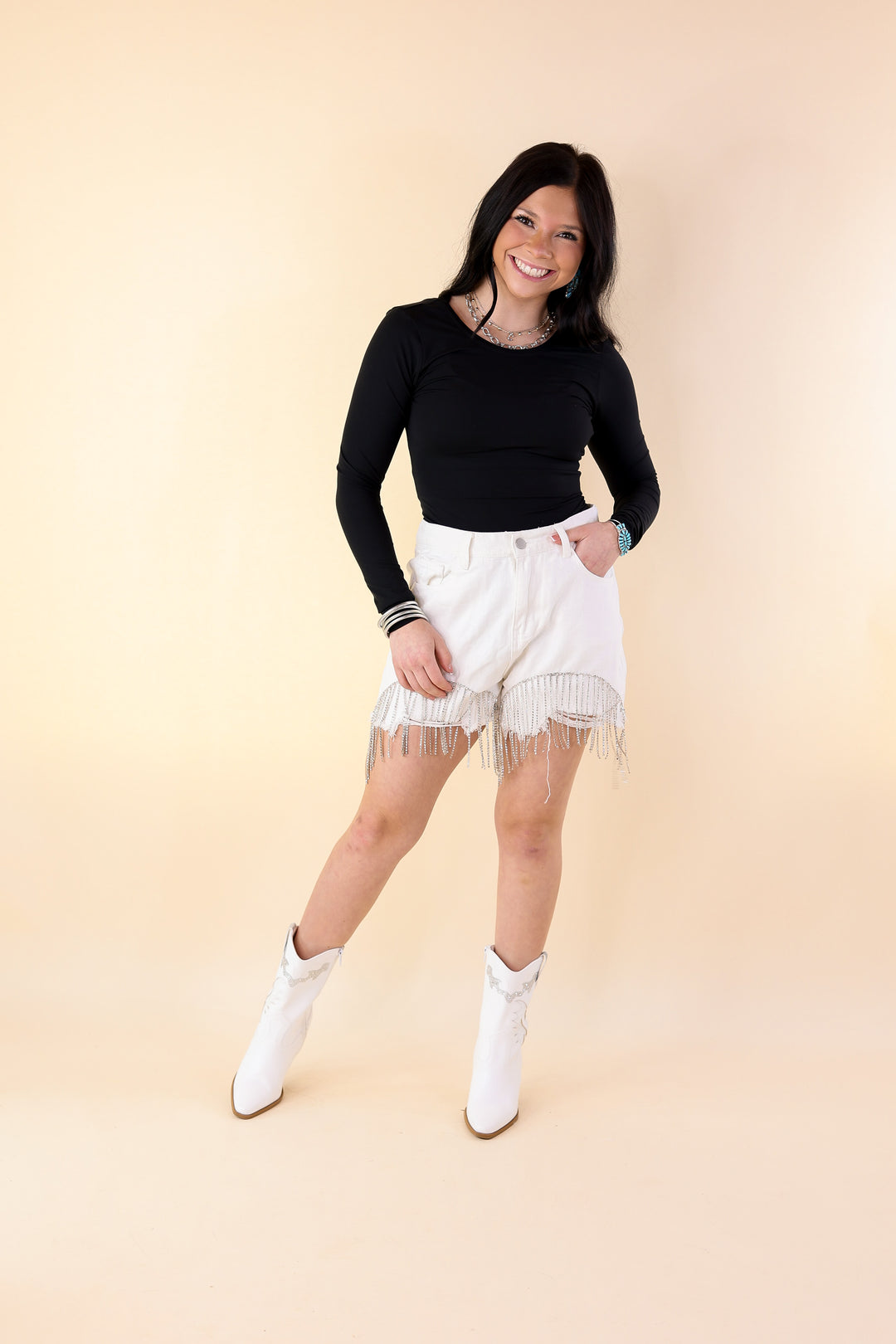 Saddle Up Crystal Fringe Distressed Denim Shorts in Ivory - Giddy Up Glamour Boutique
