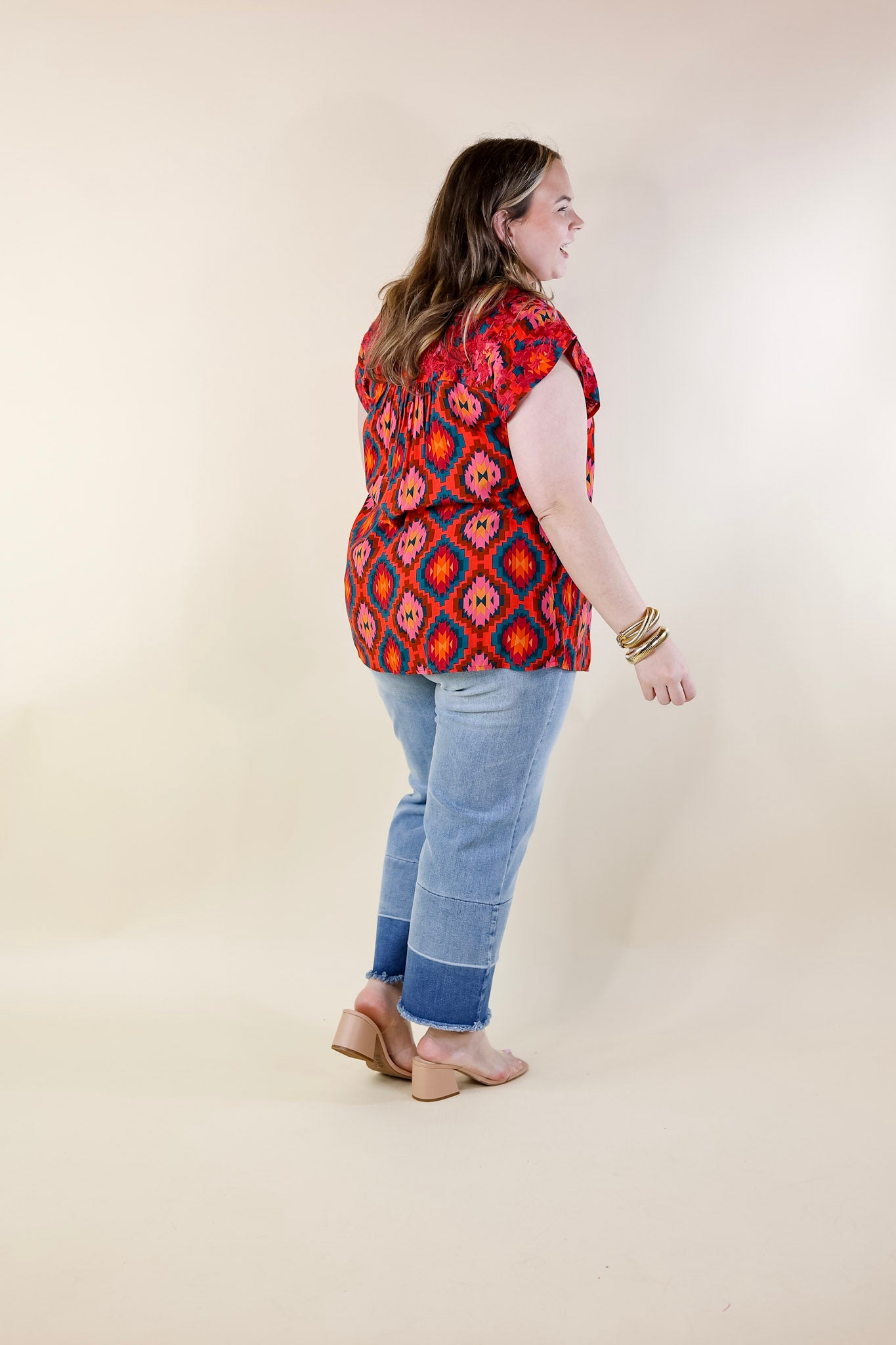 Festival Weather Magenta Embroidered Southwestern Print Top with Cap Sleeves in Multi Mix - Giddy Up Glamour Boutique