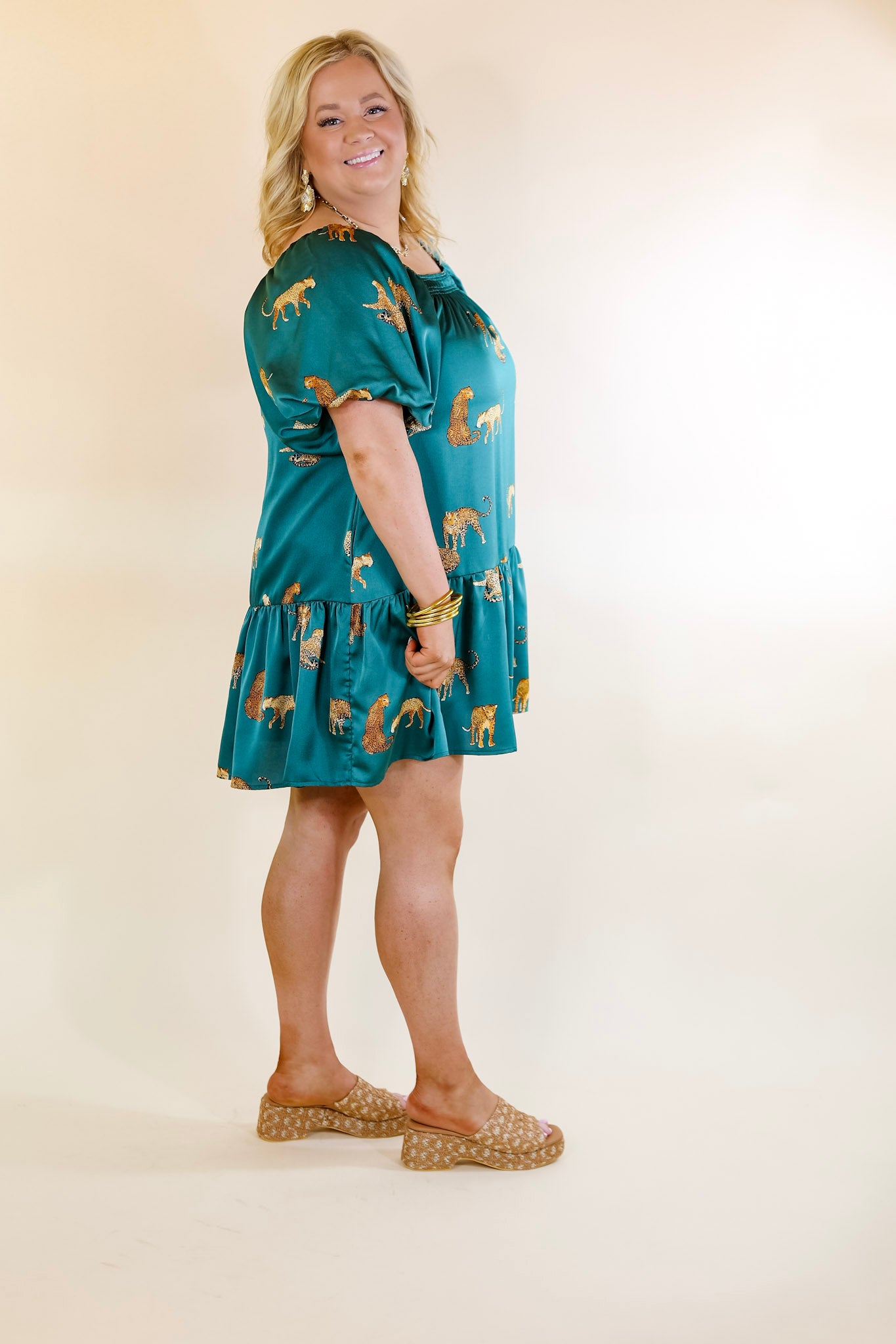 Flirting For Fun Leopard Print Satin Midi Dress in Hunter Teal Blue