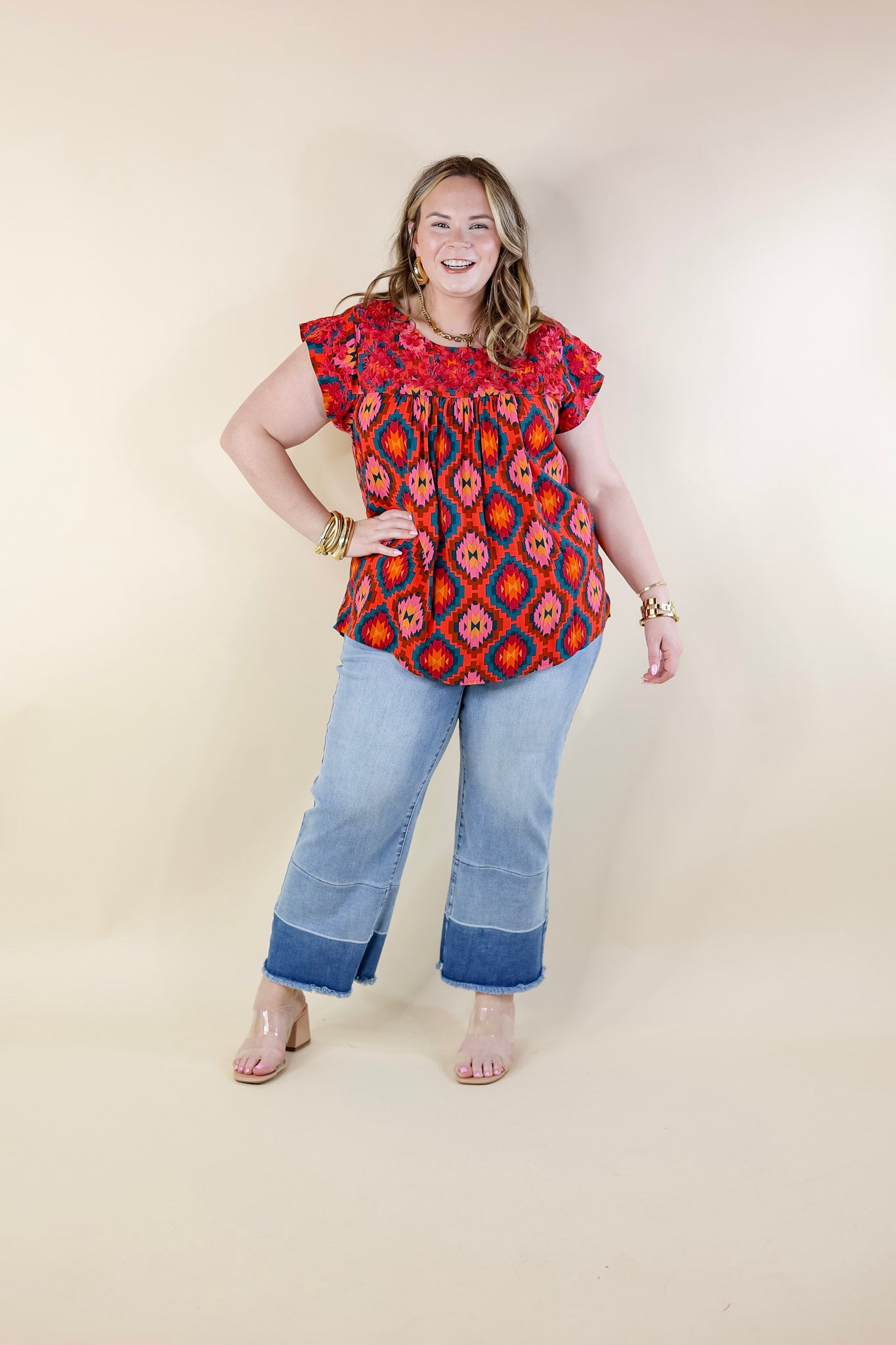 Festival Weather Magenta Embroidered Southwestern Print Top with Cap Sleeves in Multi Mix - Giddy Up Glamour Boutique