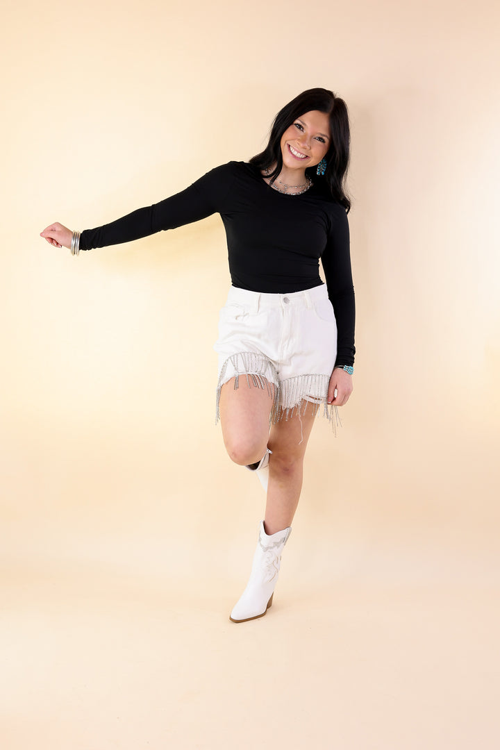 Saddle Up Crystal Fringe Distressed Denim Shorts in Ivory - Giddy Up Glamour Boutique