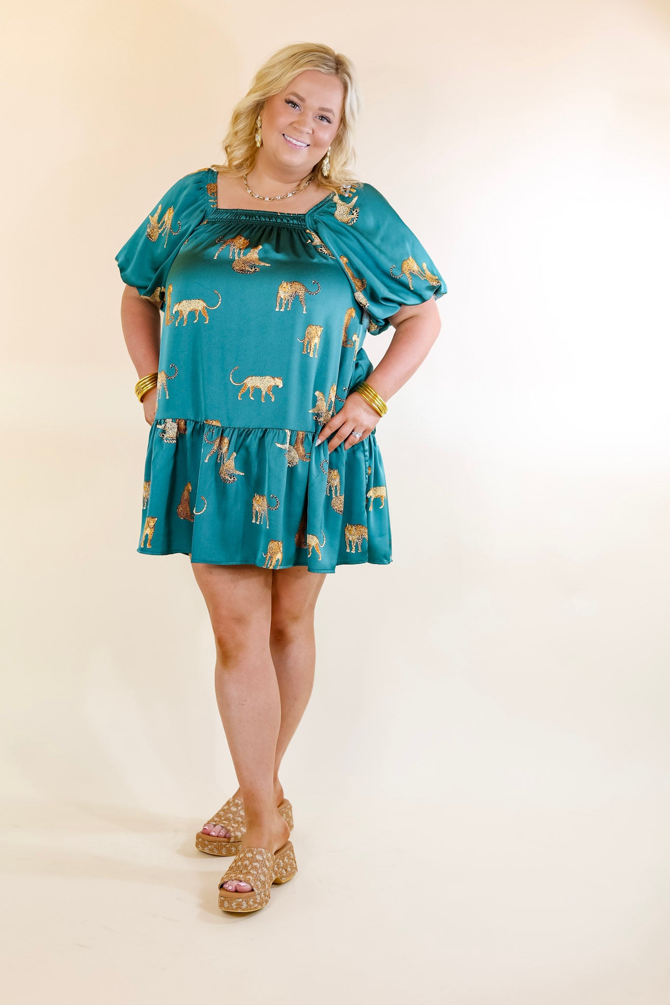 Flirting For Fun Leopard Print Satin Midi Dress in Hunter Teal Blue