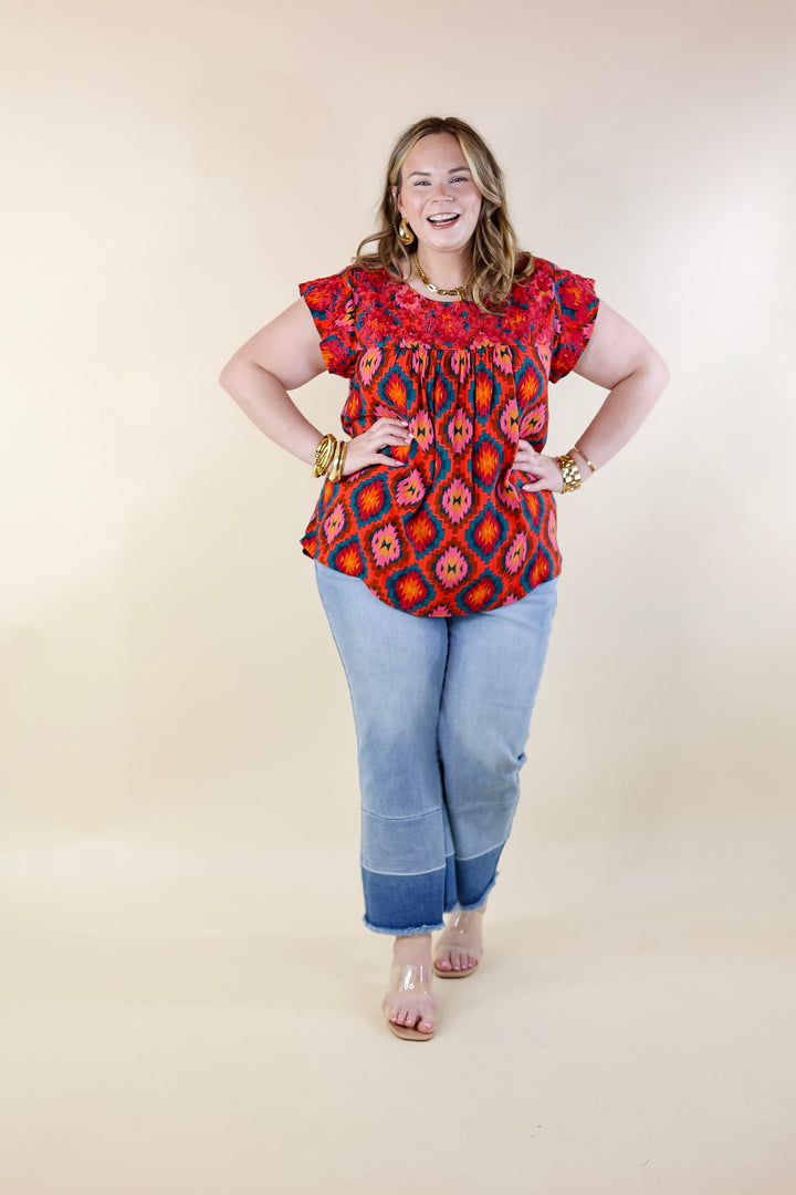 Festival Weather Magenta Embroidered Southwestern Print Top with Cap Sleeves in Multi Mix - Giddy Up Glamour Boutique