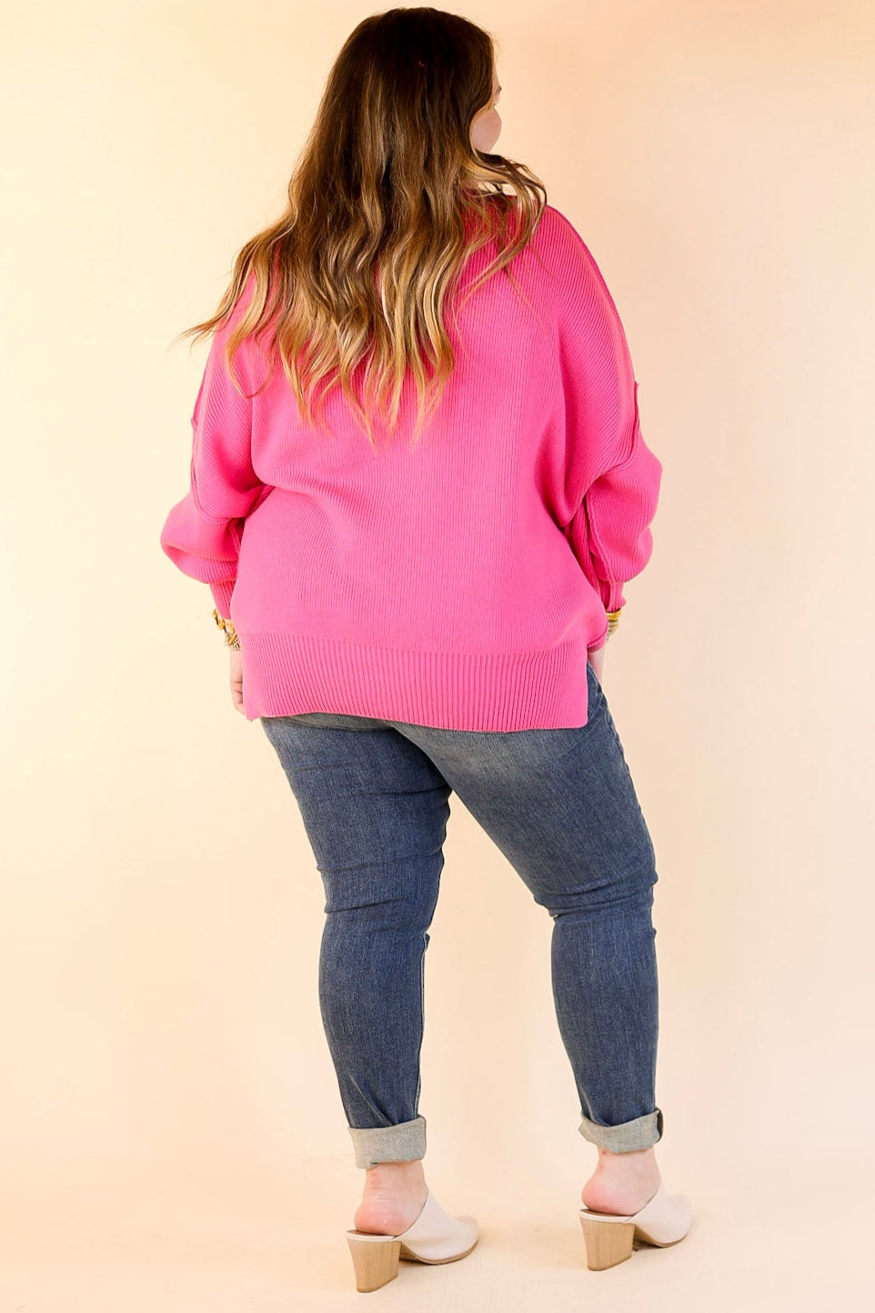 Snug and Stylish Mock Neck Sweater with Side Slit in Fuchsia Pink