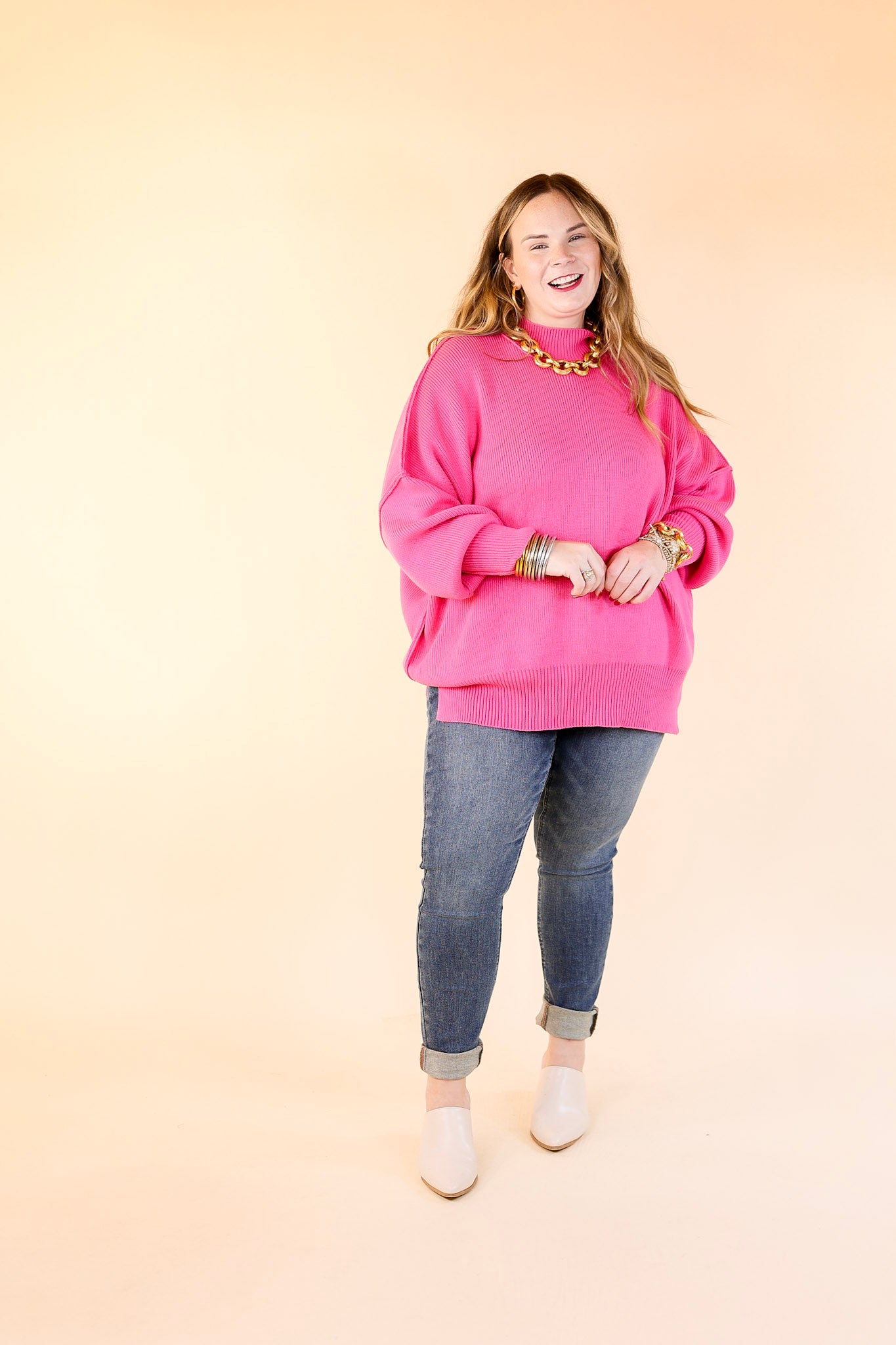 Snug and Stylish Mock Neck Sweater with Side Slit in Fuchsia Pink