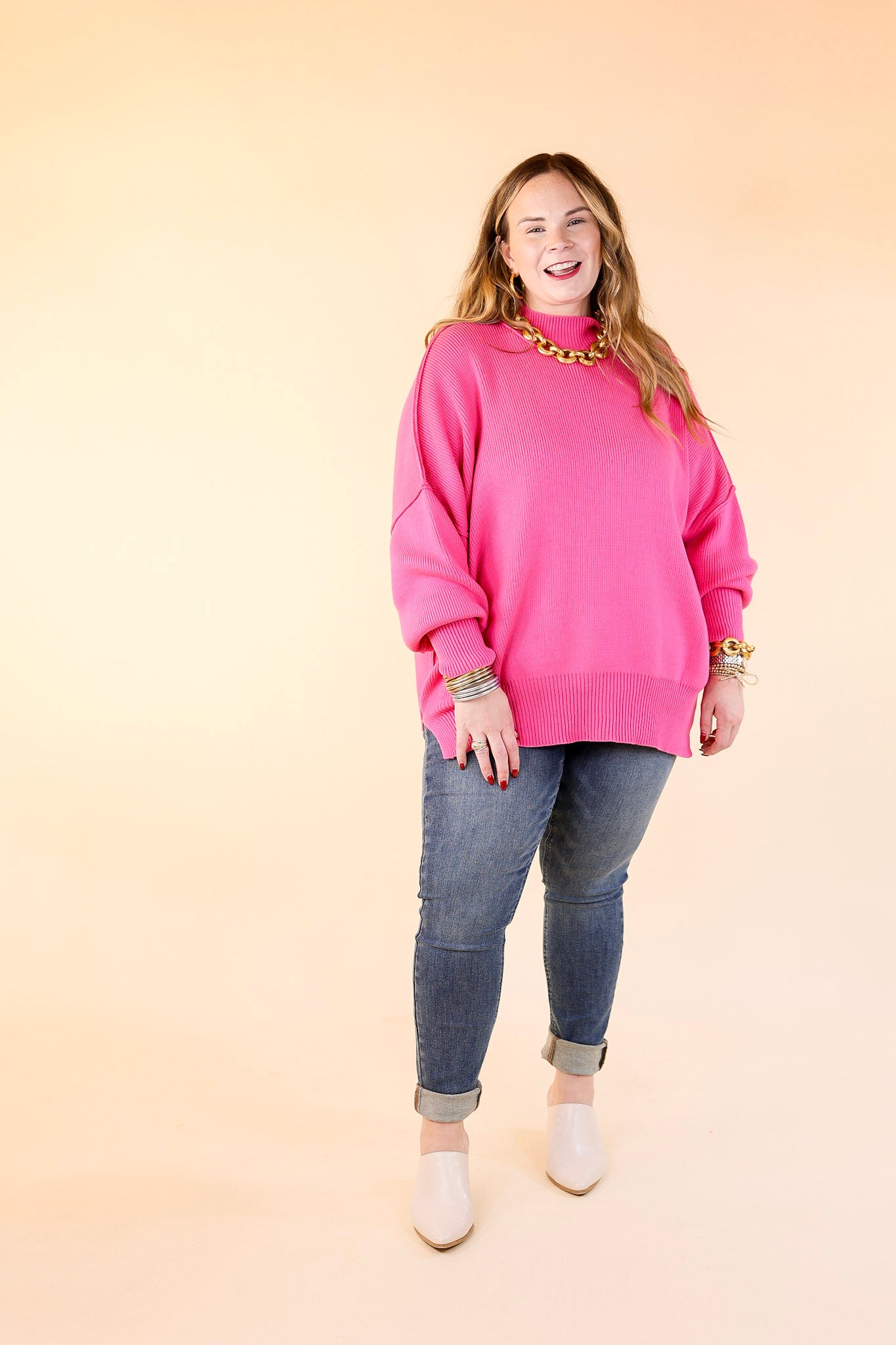 Snug and Stylish Mock Neck Sweater with Side Slit in Fuchsia Pink