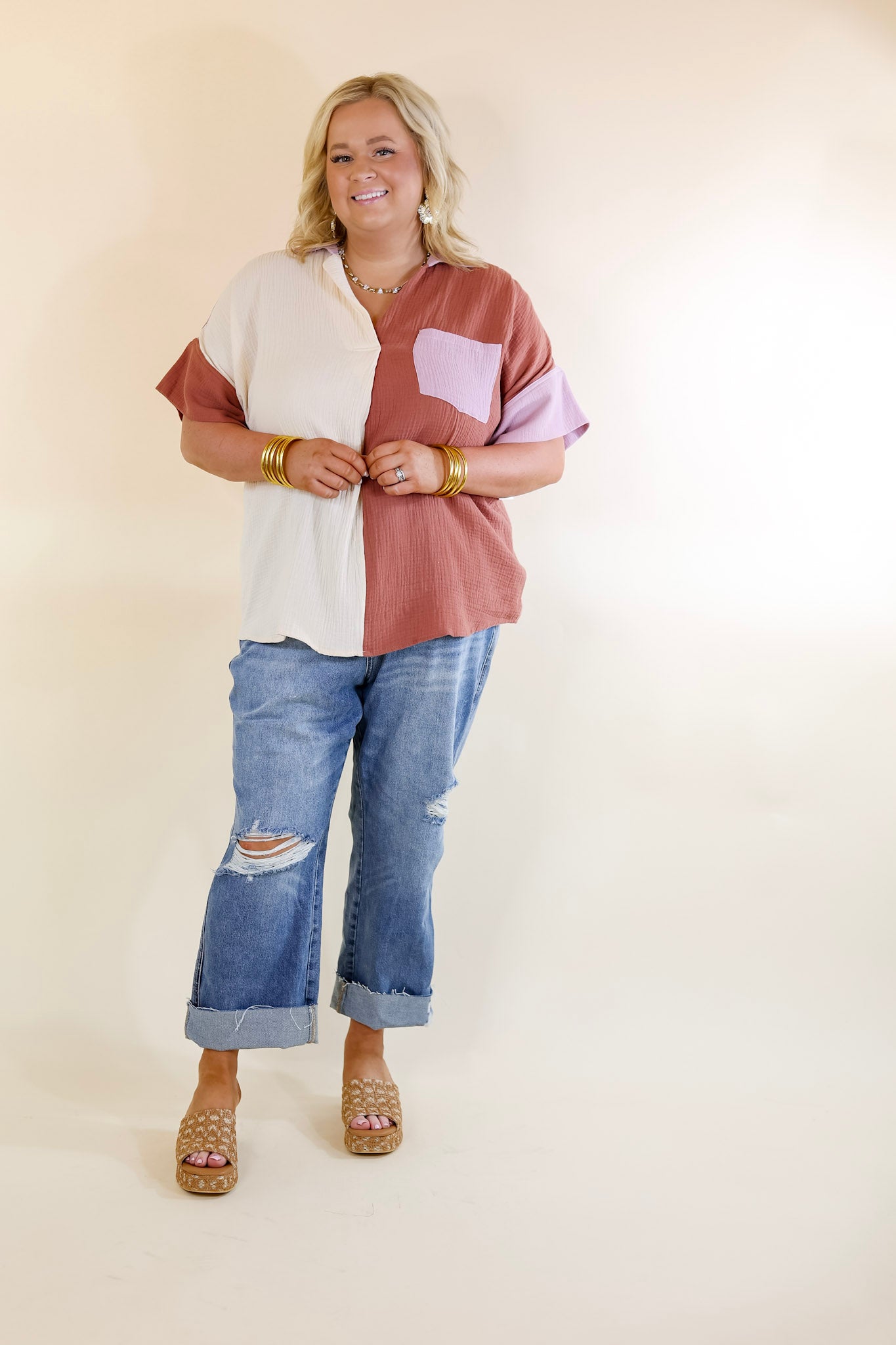 Burst of Joy Collared Color Block Top in Clay Mix