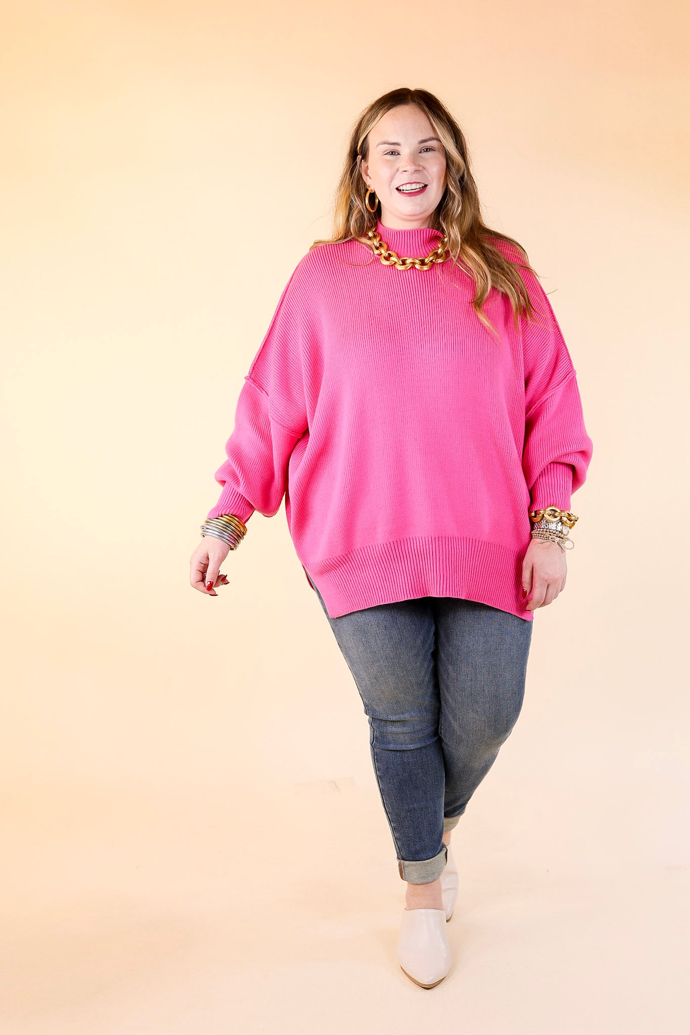 Snug and Stylish Mock Neck Sweater with Side Slit in Fuchsia Pink