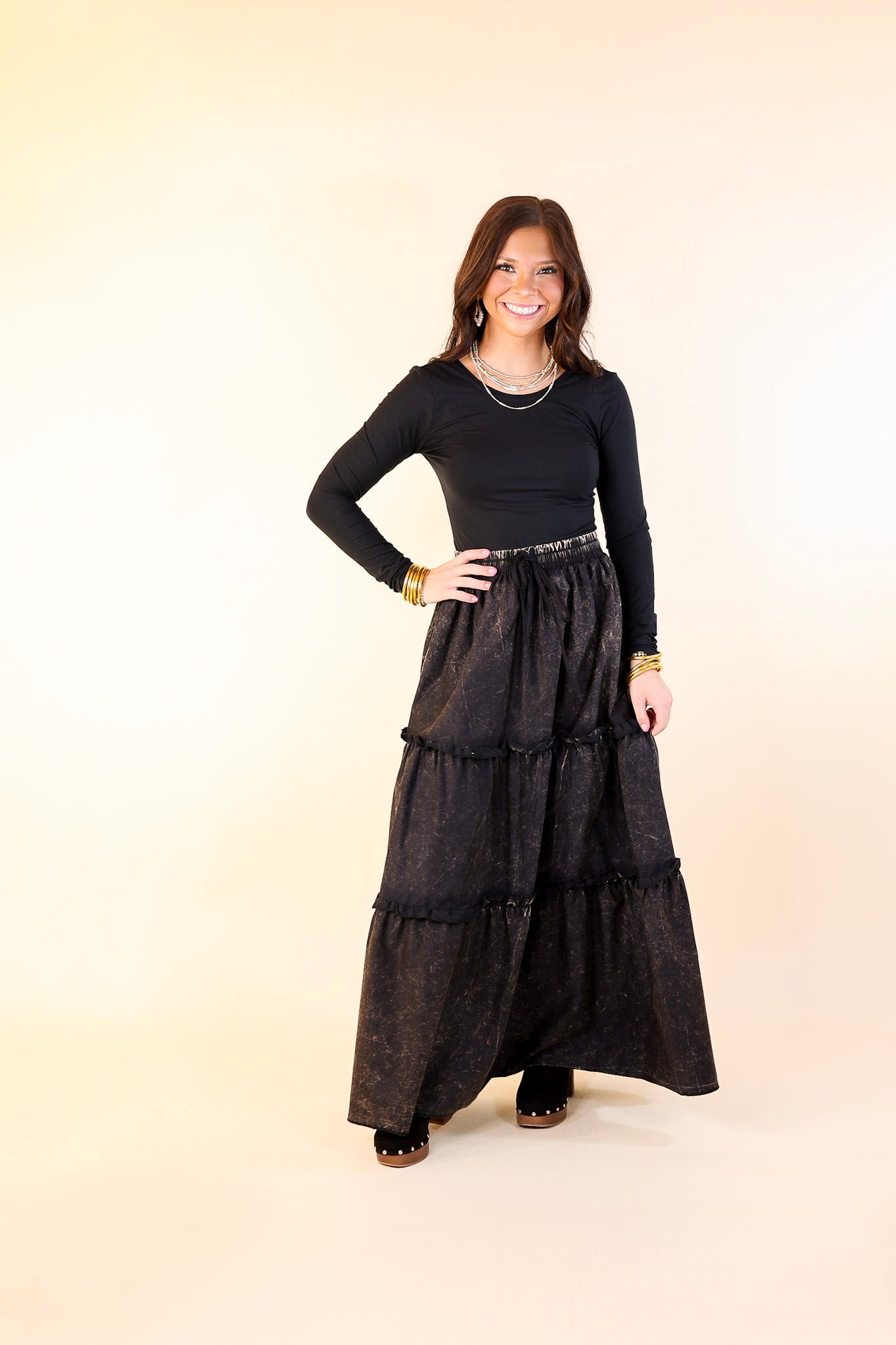 Boho Bliss Acid Wash Tiered Ruffle Maxi Skirt in Ash Black