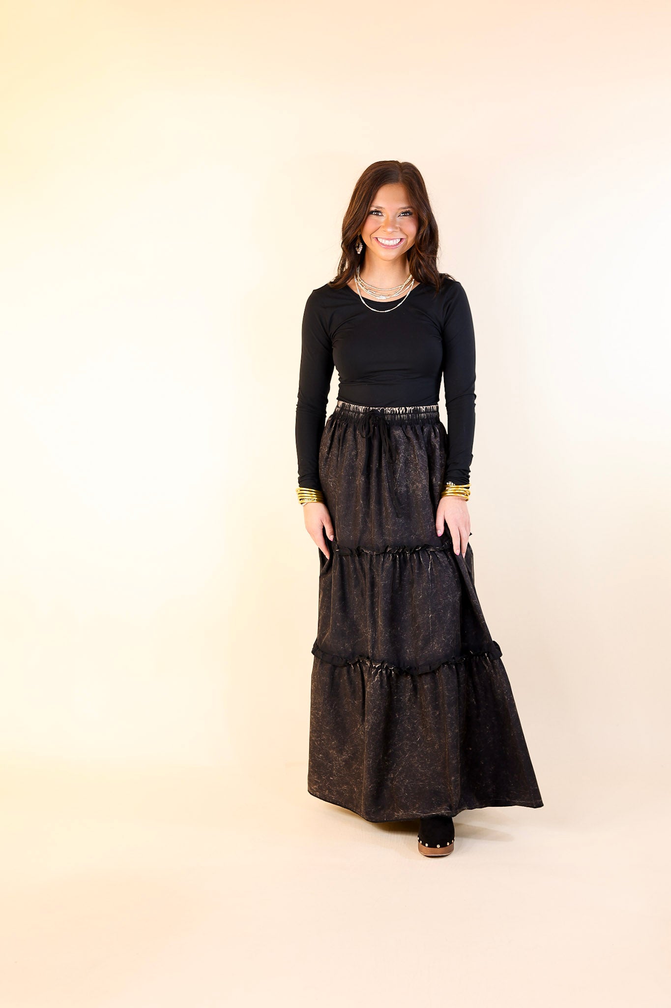 Boho Bliss Acid Wash Tiered Ruffle Maxi Skirt in Ash Black