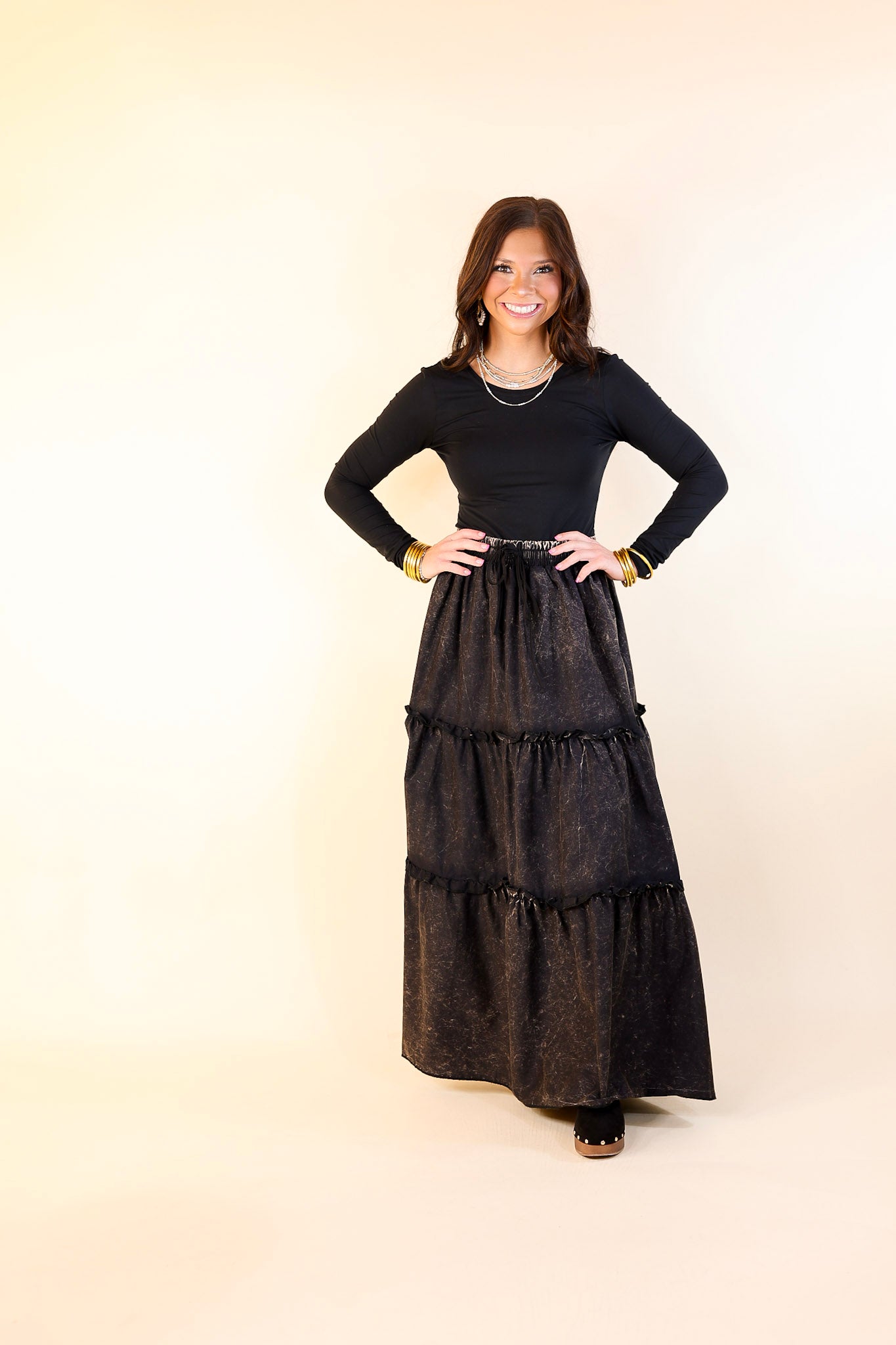 Boho Bliss Acid Wash Tiered Ruffle Maxi Skirt in Ash Black