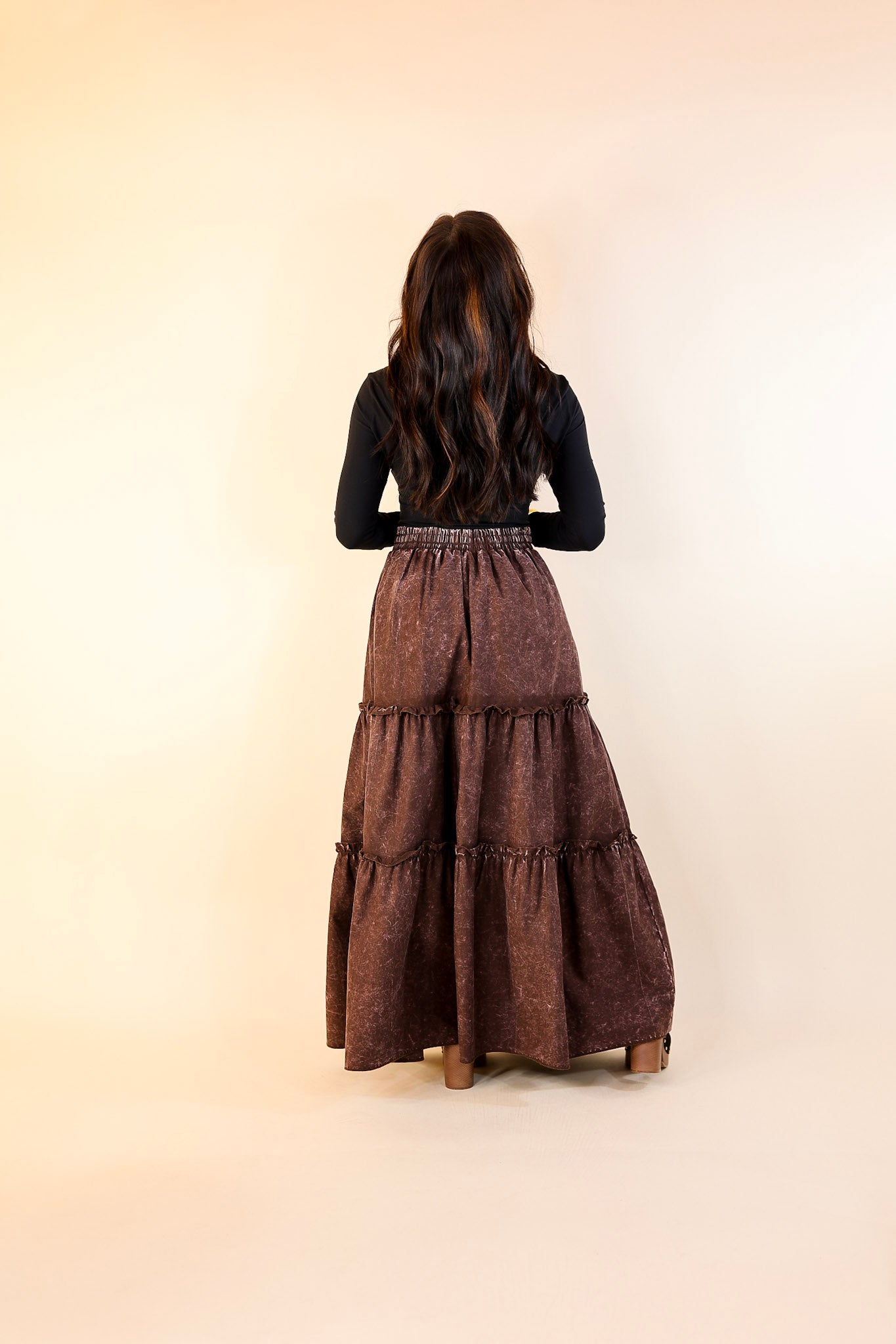 Boho Bliss Acid Wash Tiered Ruffle Maxi Skirt in Dark Brown