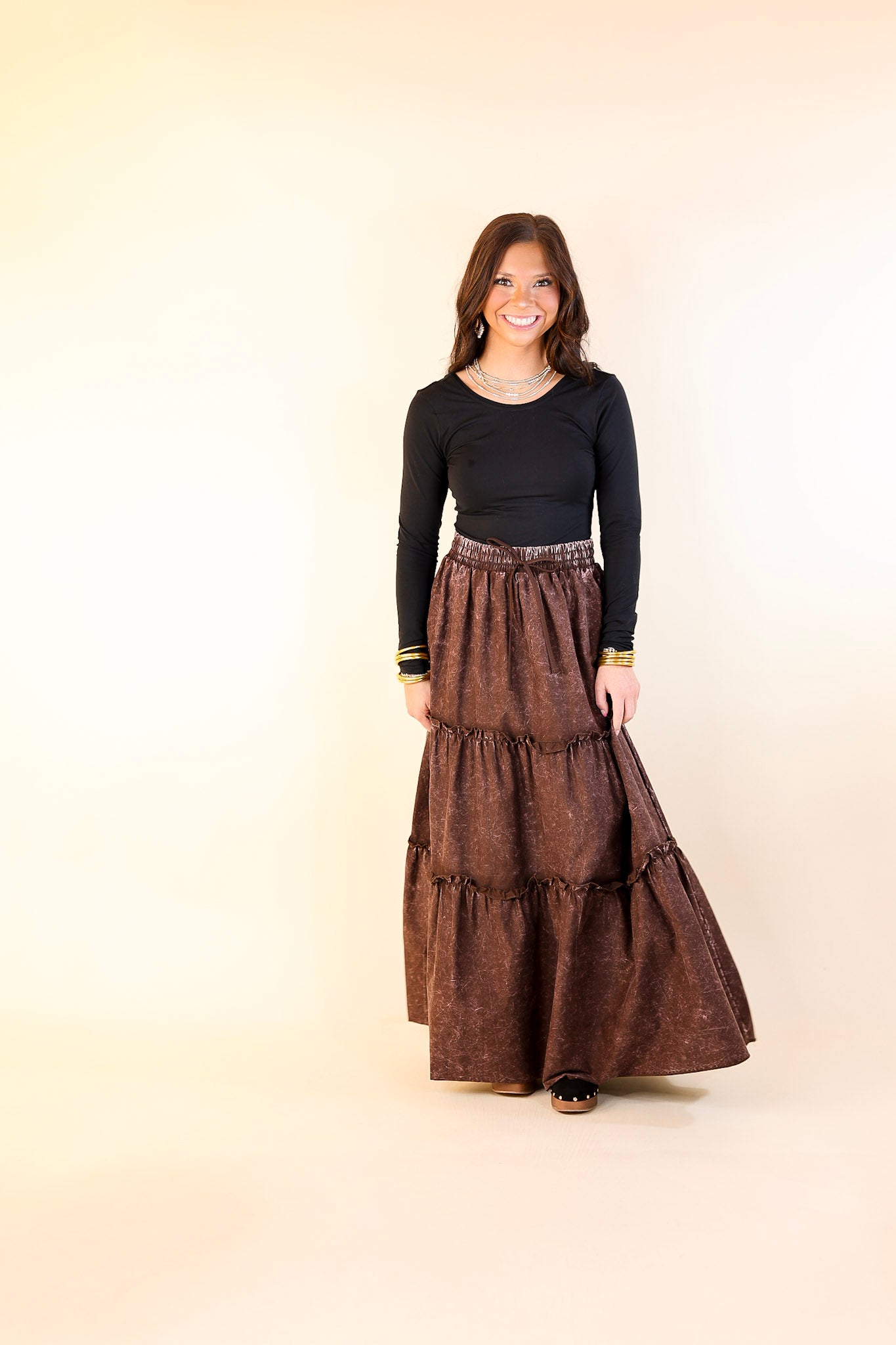 Boho Bliss Acid Wash Tiered Ruffle Maxi Skirt in Dark Brown