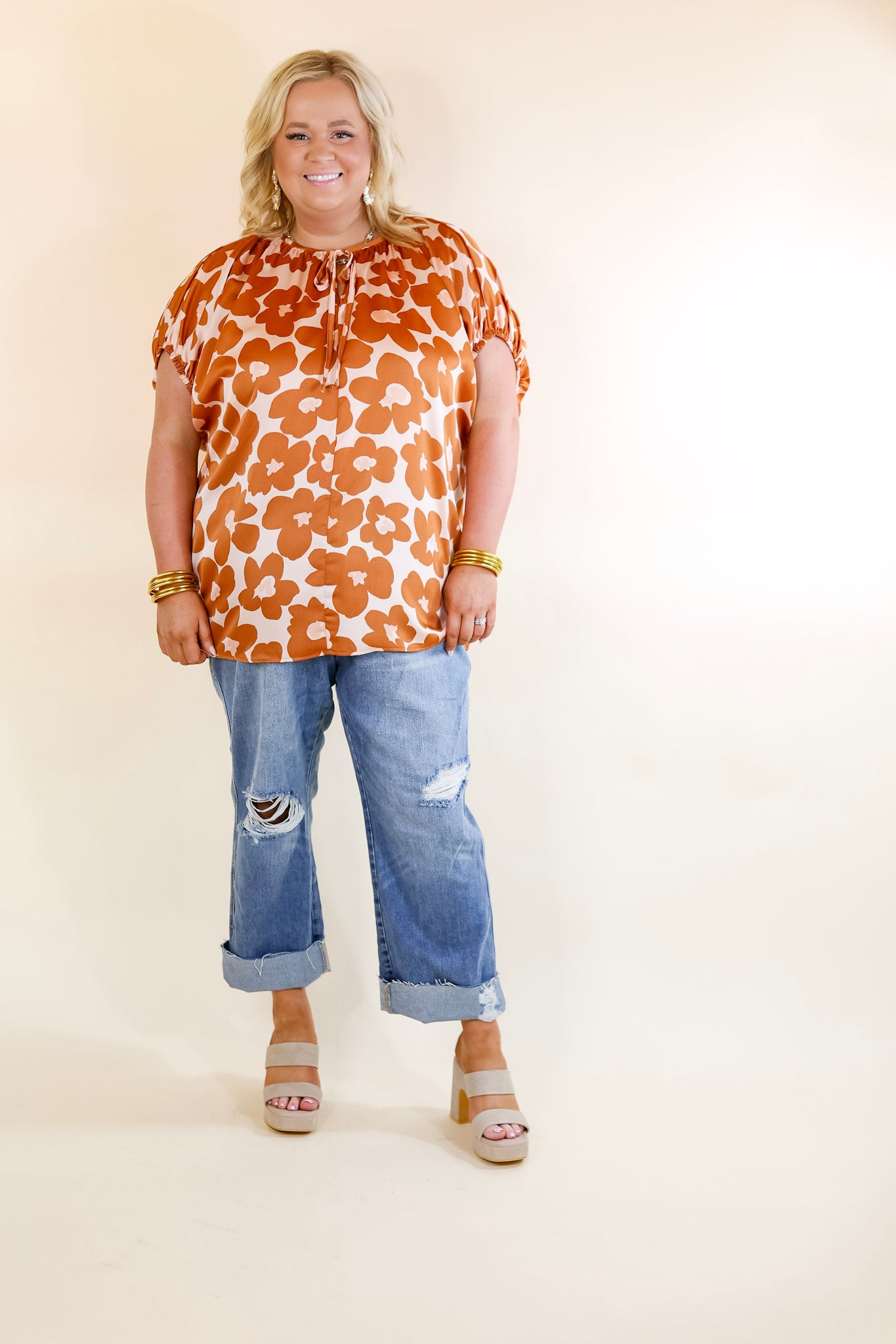 Counting Kisses Short Sleeve Floral Top with Keyhole in Copper