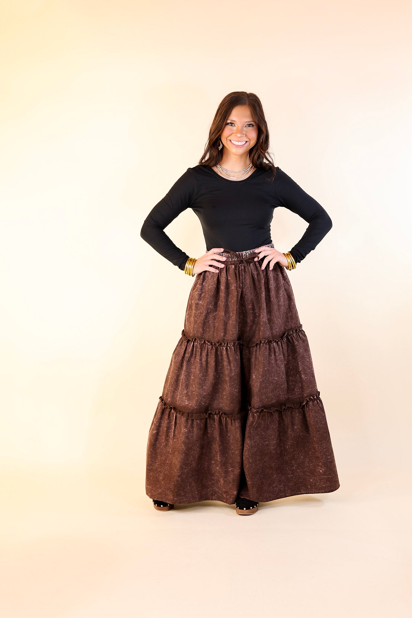 Boho Bliss Acid Wash Tiered Ruffle Maxi Skirt in Dark Brown