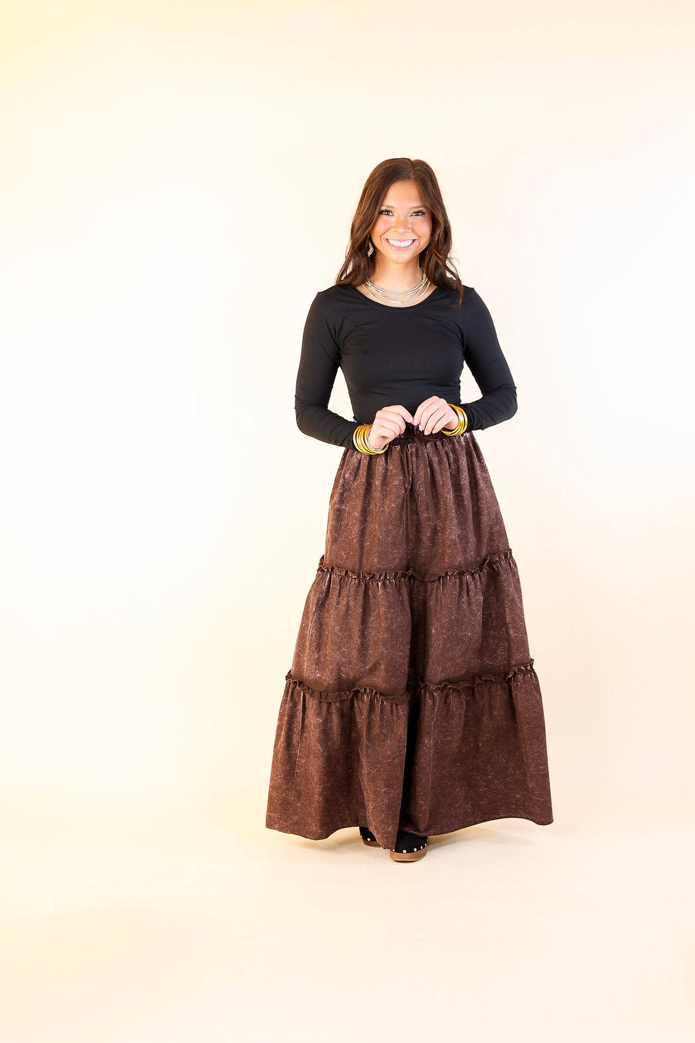 Boho Bliss Acid Wash Tiered Ruffle Maxi Skirt in Dark Brown