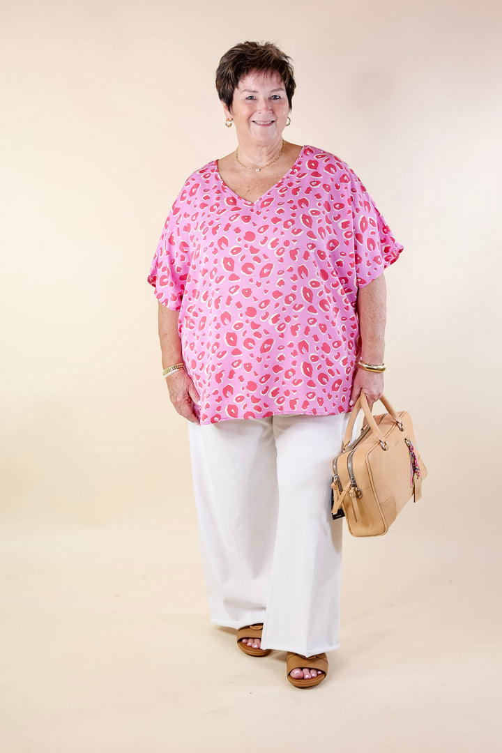 Majestic Moment V Neck Leopard Print Poncho Top in Pink - Giddy Up Glamour Boutique