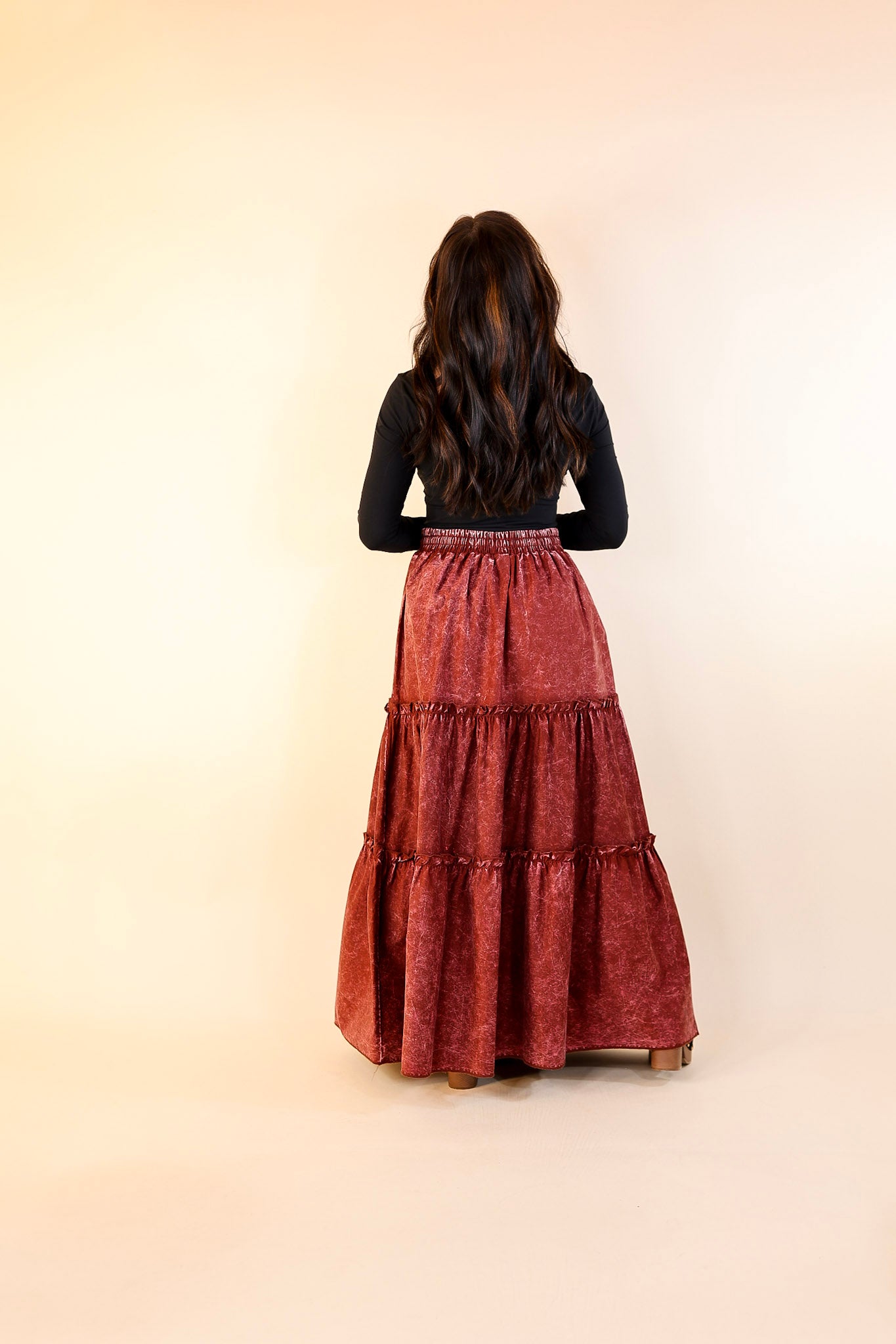 Boho Bliss Acid Wash Tiered Ruffle Maxi Skirt in Dark Rusted Red