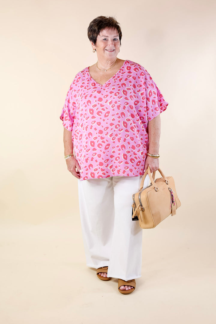 Majestic Moment V Neck Leopard Print Poncho Top in Pink - Giddy Up Glamour Boutique