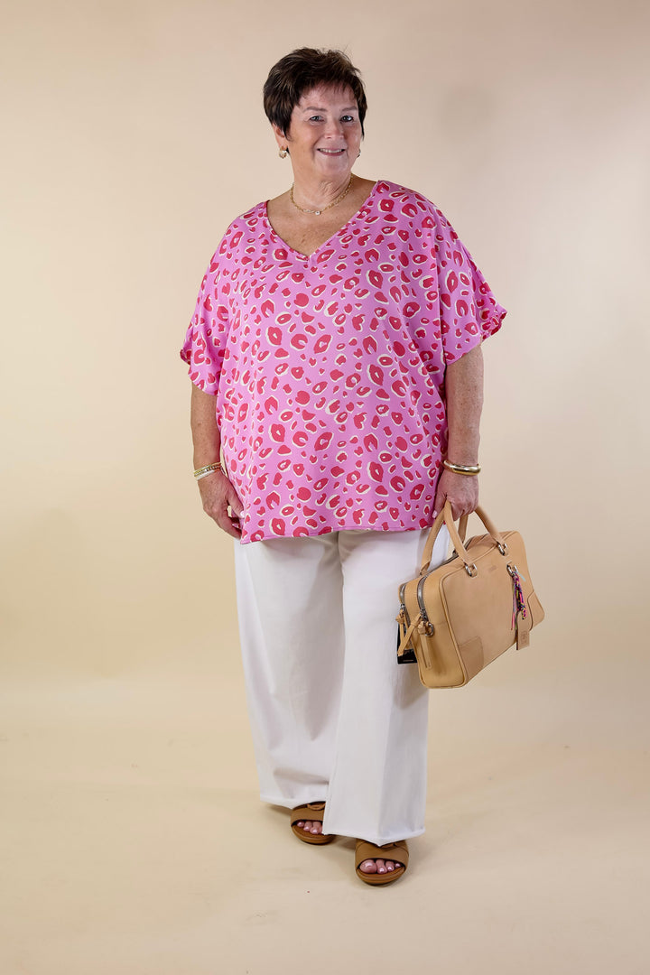 Majestic Moment V Neck Leopard Print Poncho Top in Pink - Giddy Up Glamour Boutique