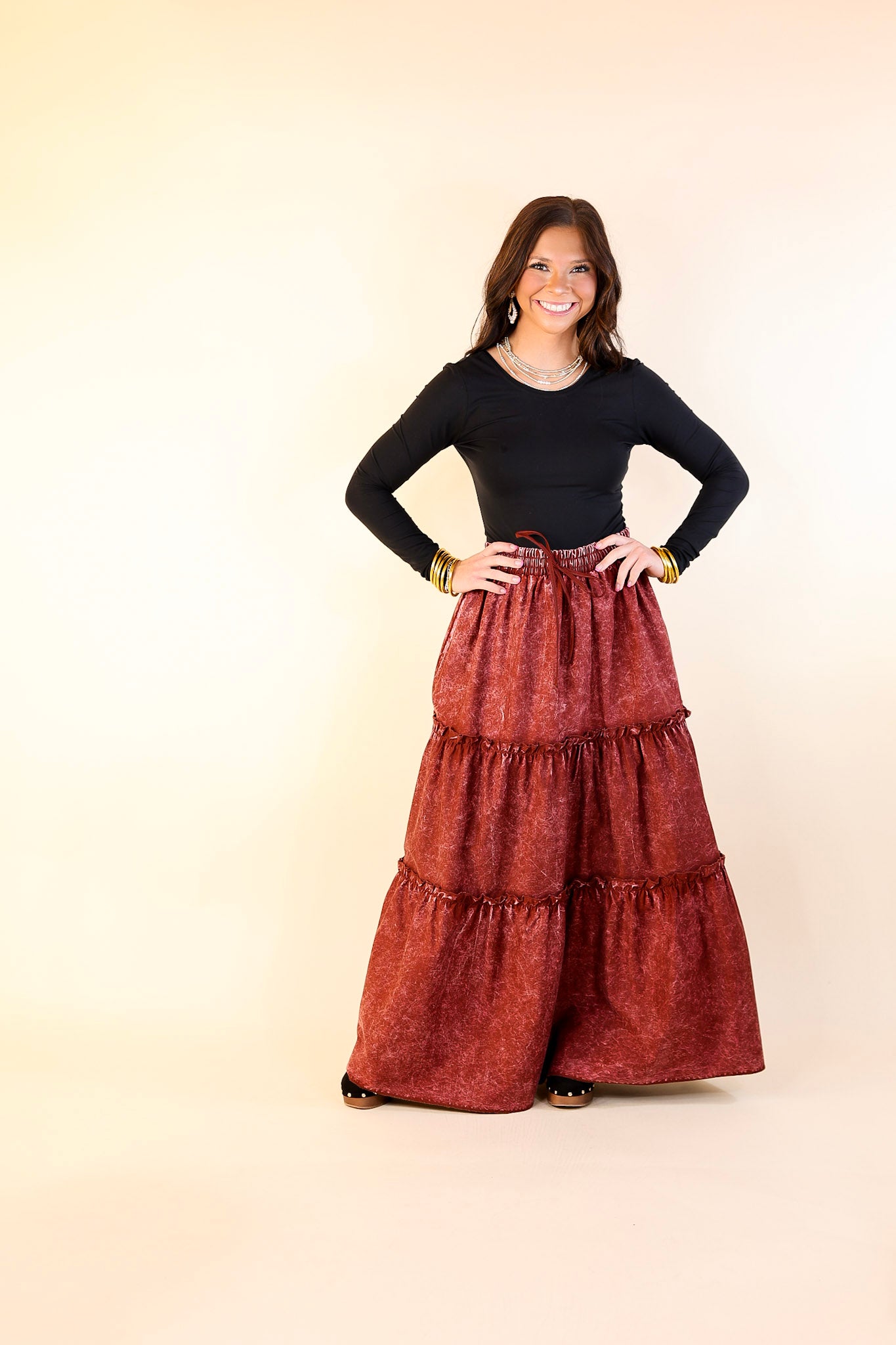 Boho Bliss Acid Wash Tiered Ruffle Maxi Skirt in Dark Rusted Red