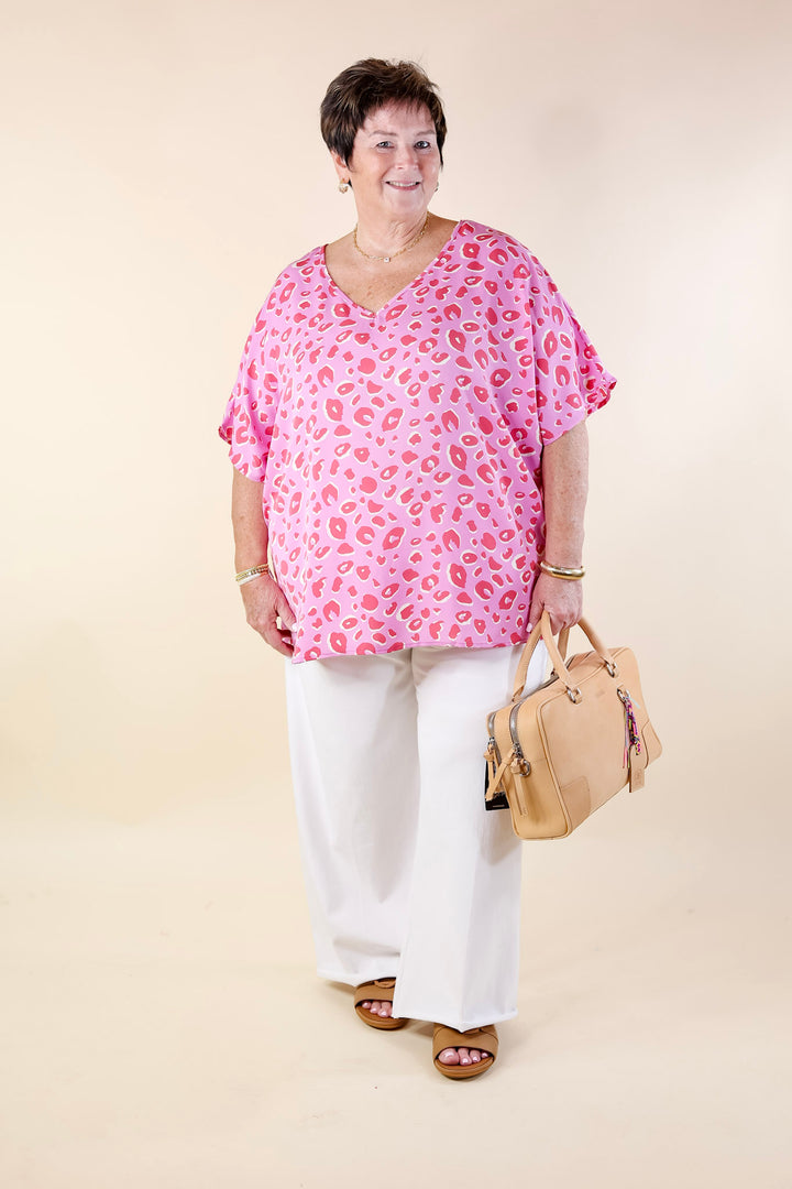 Majestic Moment V Neck Leopard Print Poncho Top in Pink - Giddy Up Glamour Boutique