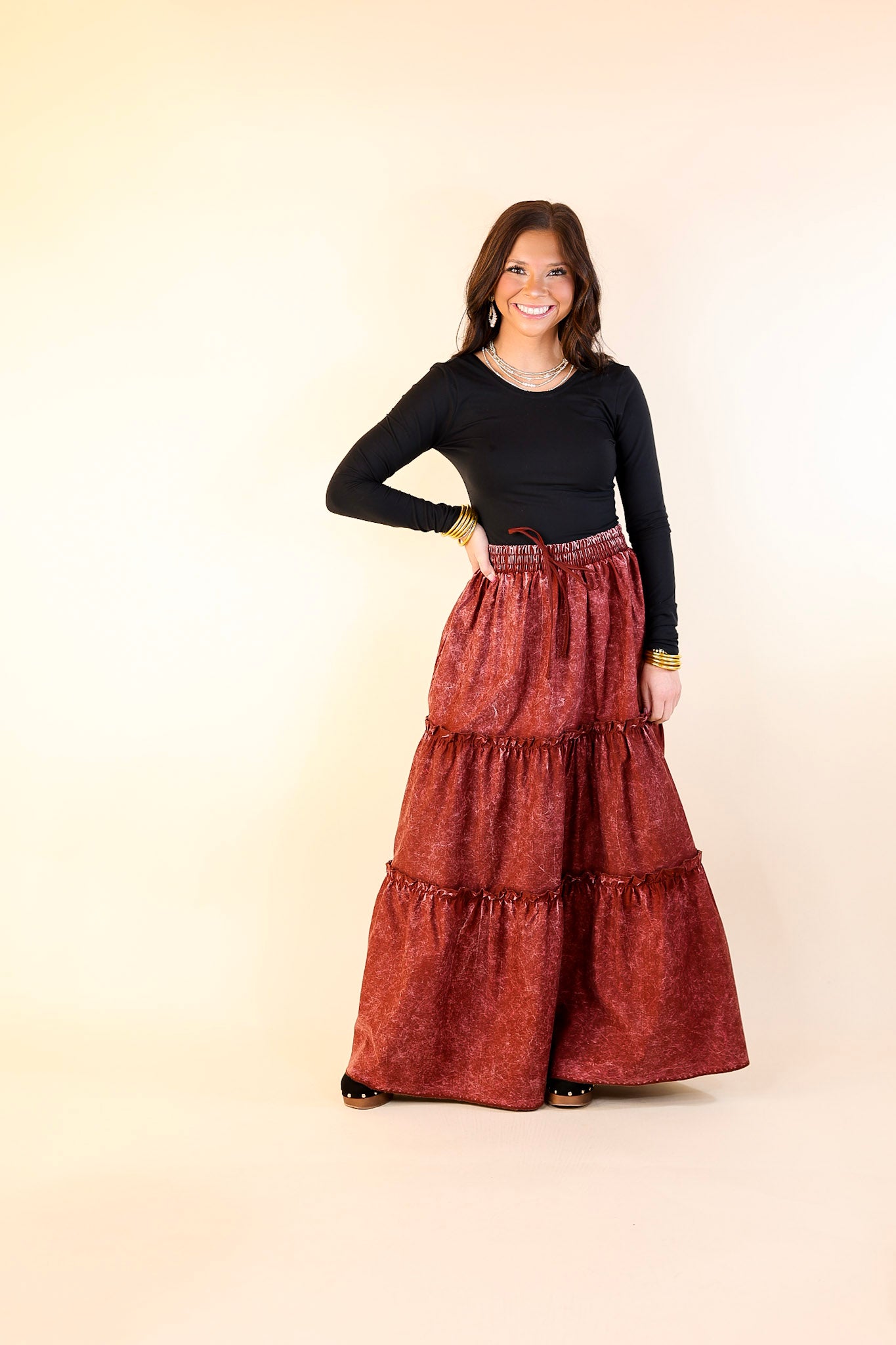 Boho Bliss Acid Wash Tiered Ruffle Maxi Skirt in Dark Rusted Red