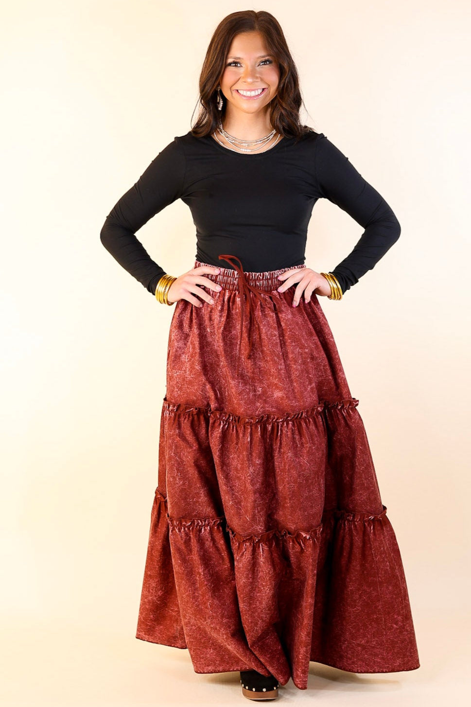 Boho Bliss Acid Wash Tiered Ruffle Maxi Skirt in Dark Rusted Red